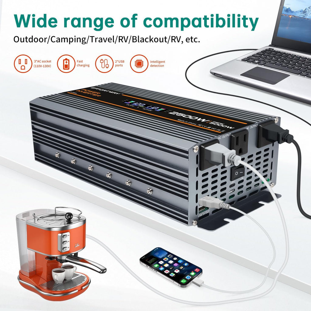2500W Power Inverter. 12V DC to 110V/120V AC Converter 5000W (Peak) with LCD Display, 3 AC outlets, 2 USB, 2500w Inverter for Camping RV Travel Outdoor Truck Off-Grid Solar inverters