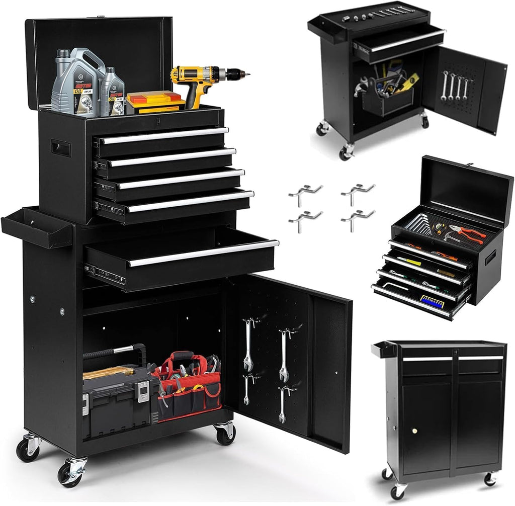 5 Drawers Rolling Tool Chest, 2-in-1 Detachable Metal Tool Storage Cabinet with Wheels, Lockable Tool Cart with Hooks for Garage, Workshop or Salon Use, Black