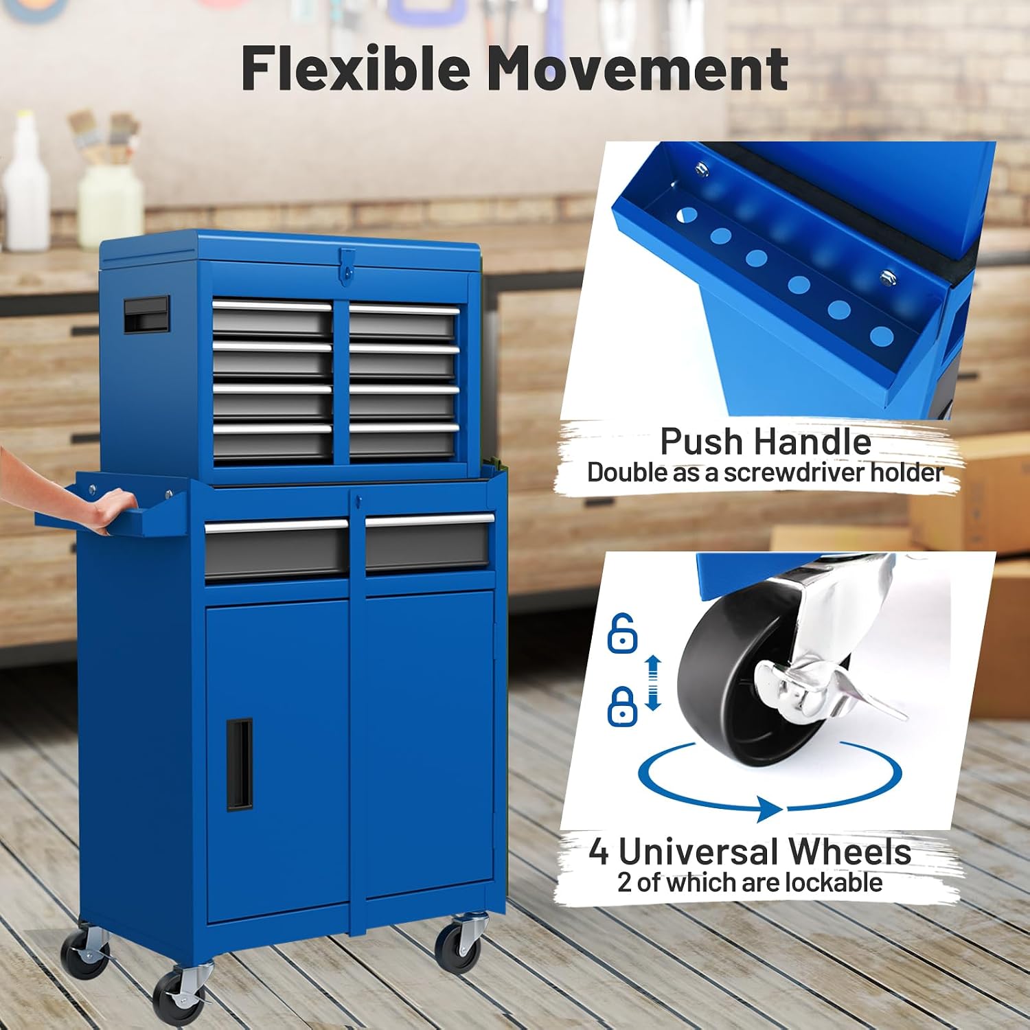 IRONMAX 5-Drawer Rolling Tool Chest, 2-in-1 Detachable Heavy Duty Tool Box Storage Cabinet with Auto Lock, Adjustable Shelf & Hooks, Metal Toolbox on Wheels for Garage Workshop (Blue)