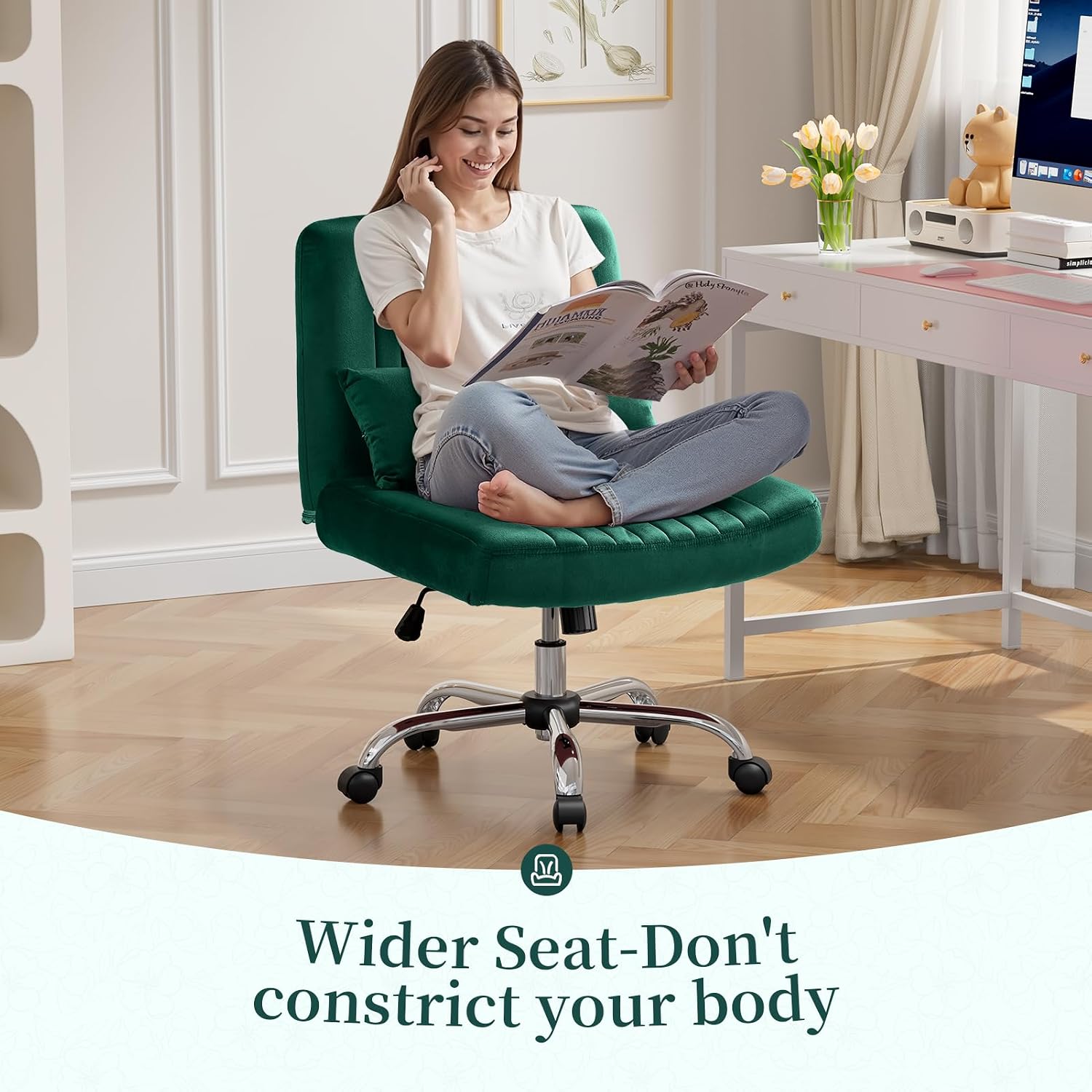 Warmiehomy Velvet Criss Cross Office Chair with Wheels, Luxury Cross Legged Desk Chair for Bedroom, Armless Wide Seat Computer Chair, Modern Vanity Chair, Gift for Teens & Girlfriend, Emerald Green