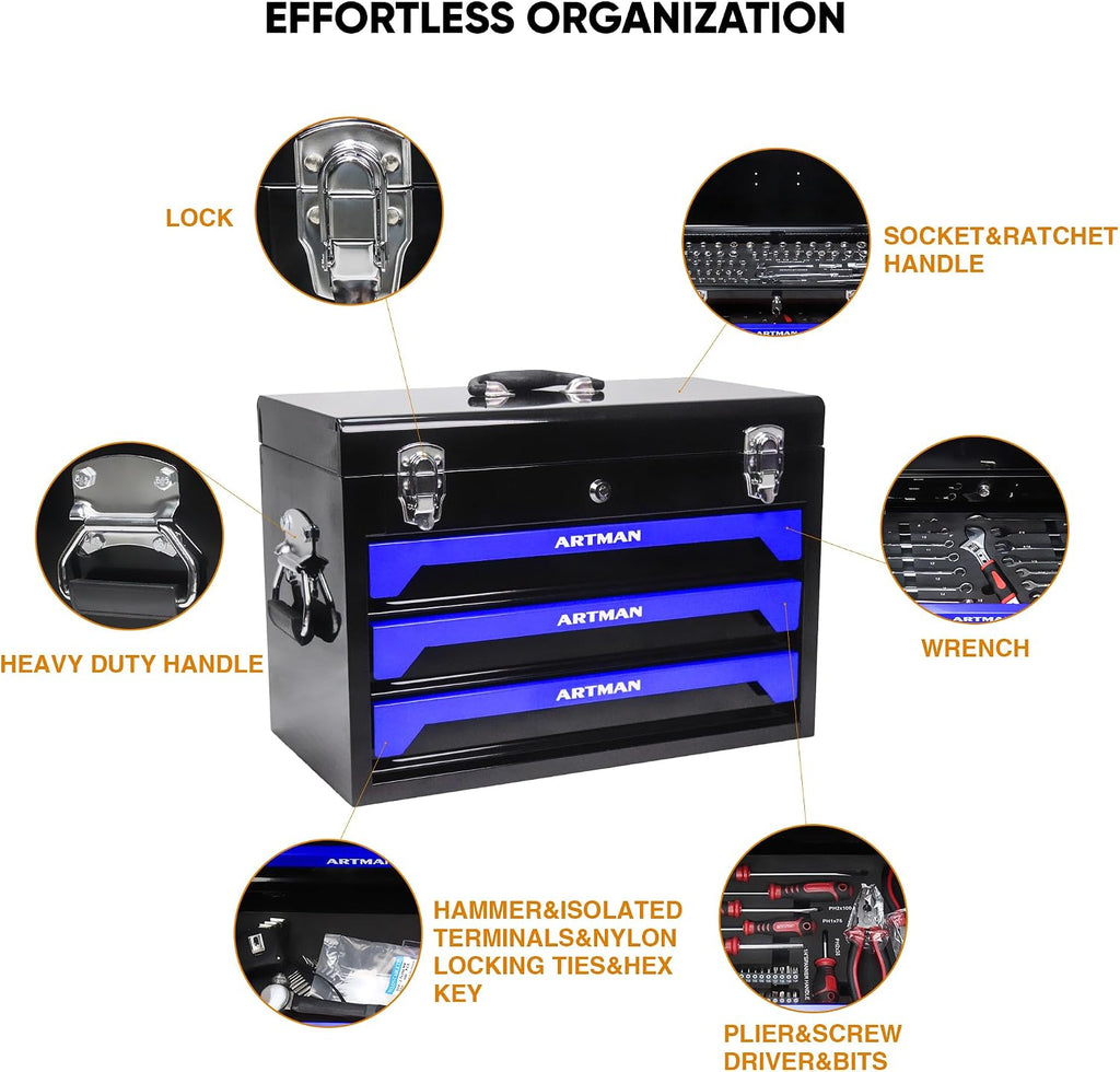 3-Drawer Tool Chest with 439-Piece Mechanics Tool Set | Heavy-Duty Steel Portable Tool Box with Complete Socket & Wrench Kit for Workshop, Garage, and Home Use (Black & Blue)