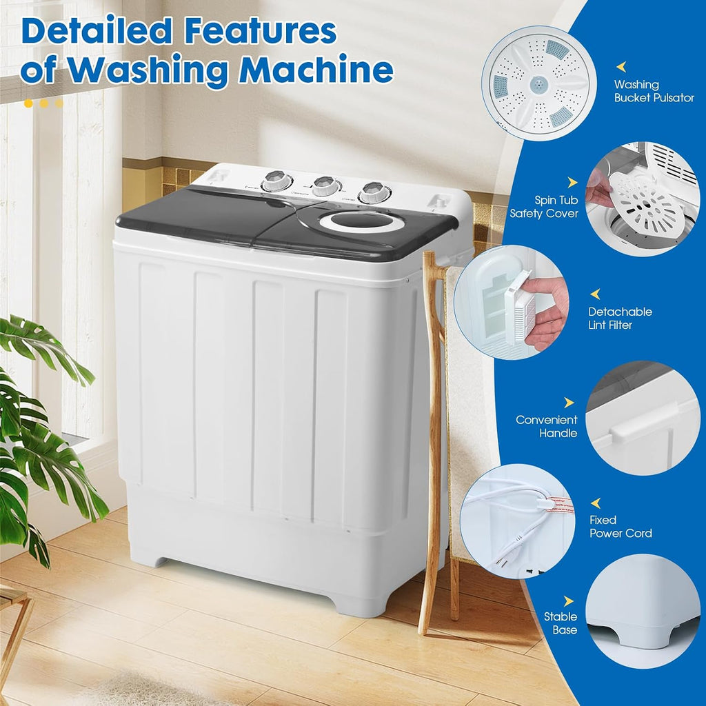 Dawmilon Portable Washing Machine, 28lbs Twin Tub with Drain Pump - 18lbs Washer and 10lbs Spinner Combo, Semi-Automatic Compact Laundry Machine for Apartments, Dorms, RVs, Camping - Grey