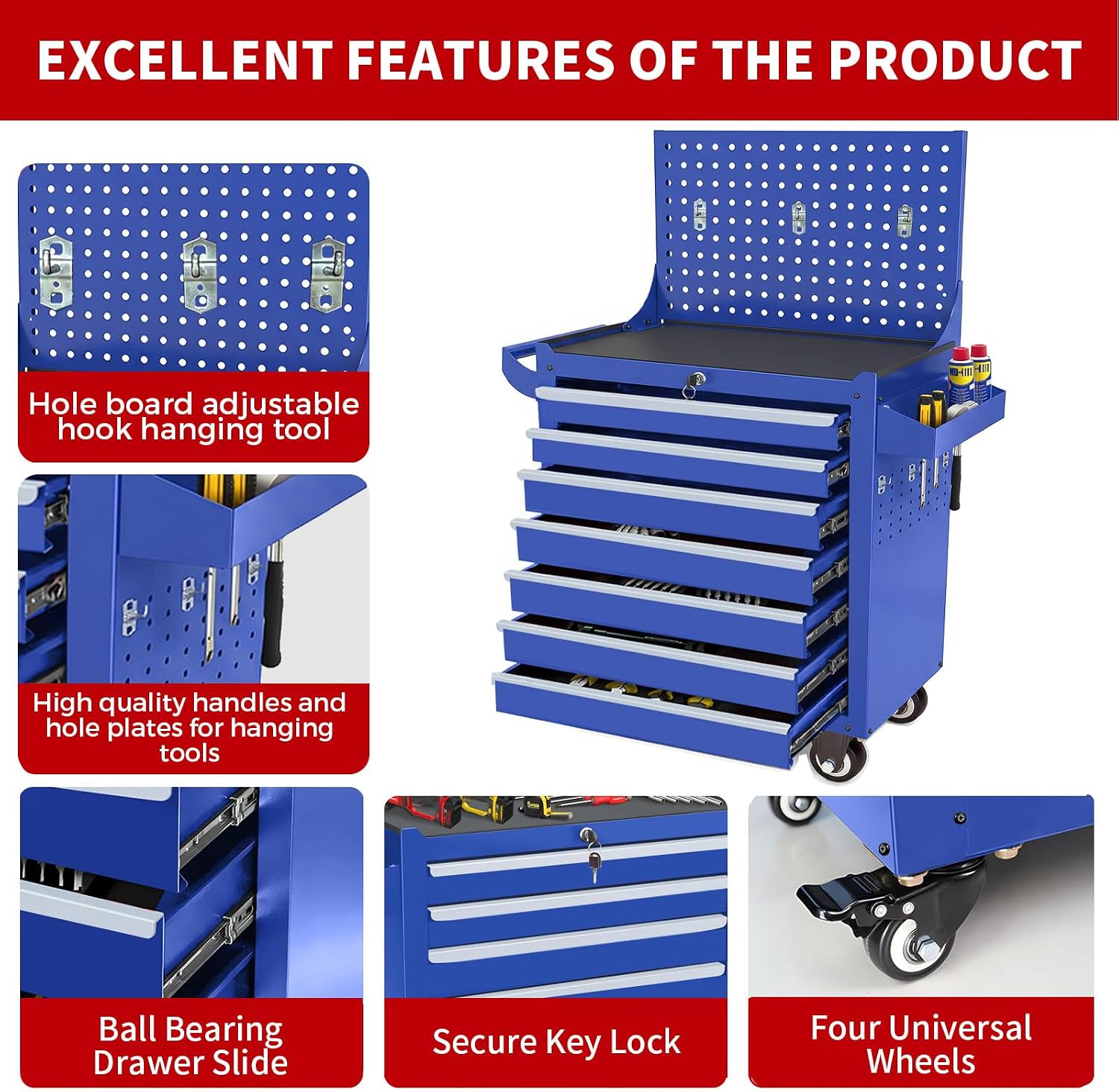 Rolling Tool Chest with Wheels, 7 Drawers Tool Storage Cabinet, Portable Metal Tool Box Organizer with Lock, Tool Cart on Wheels Toolbox Workbench for Garage, Workshop, Warehouse(Required Assembly)