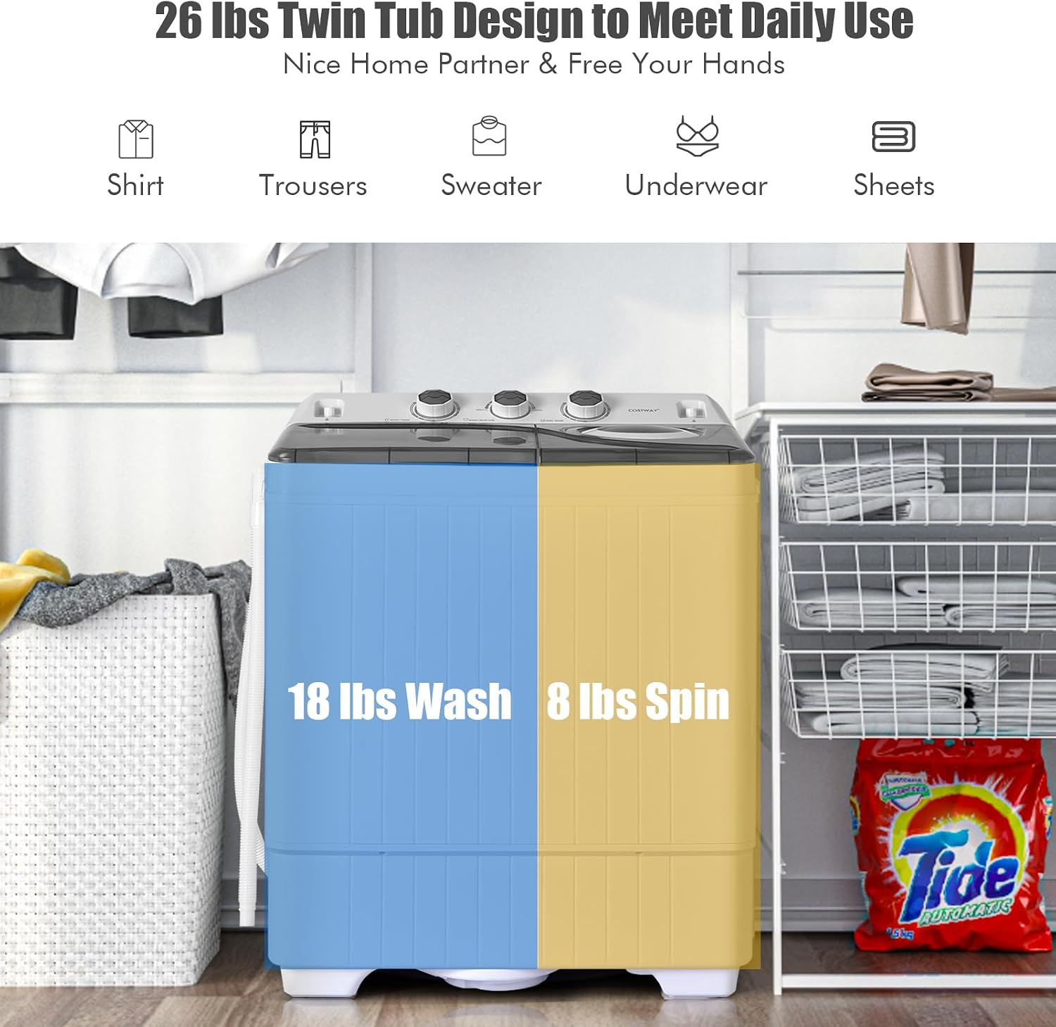 COSTWAY Portable Washing Machine, Twin Tub 26lbs Capacity Laundry, 18lbs Washer and 8lbs Spinner Combo with Timer Knobs, Built-in Drain Pump, Compact Washer for Home Dorm Apartment (Grey+White)