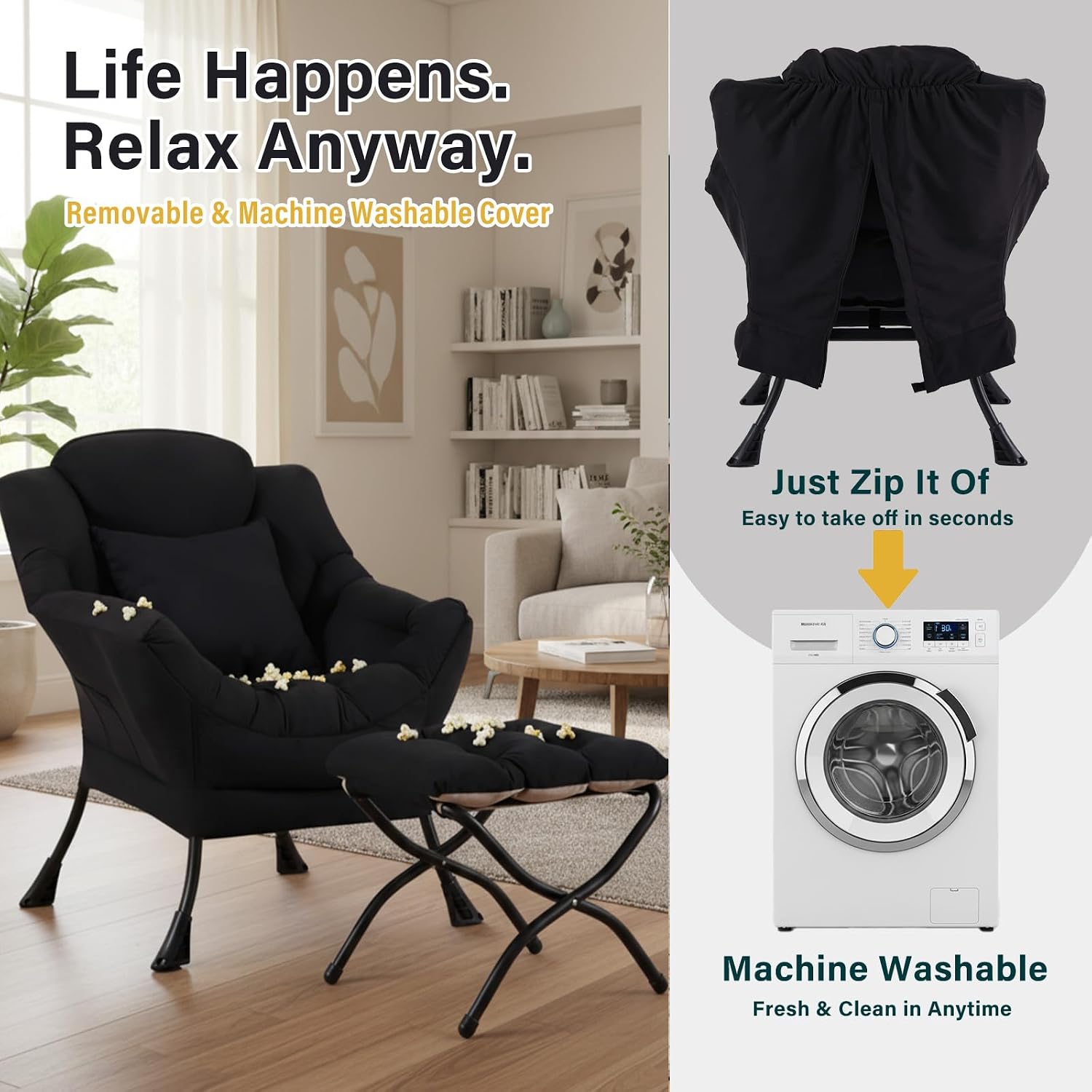 Lazy Chair with Ottoman, Large Accent Chair with Ottoman and a Throw Pillow, Black Reading Chair for Living Room Bedroom Dorm Room Office Apartment Relaxing Use