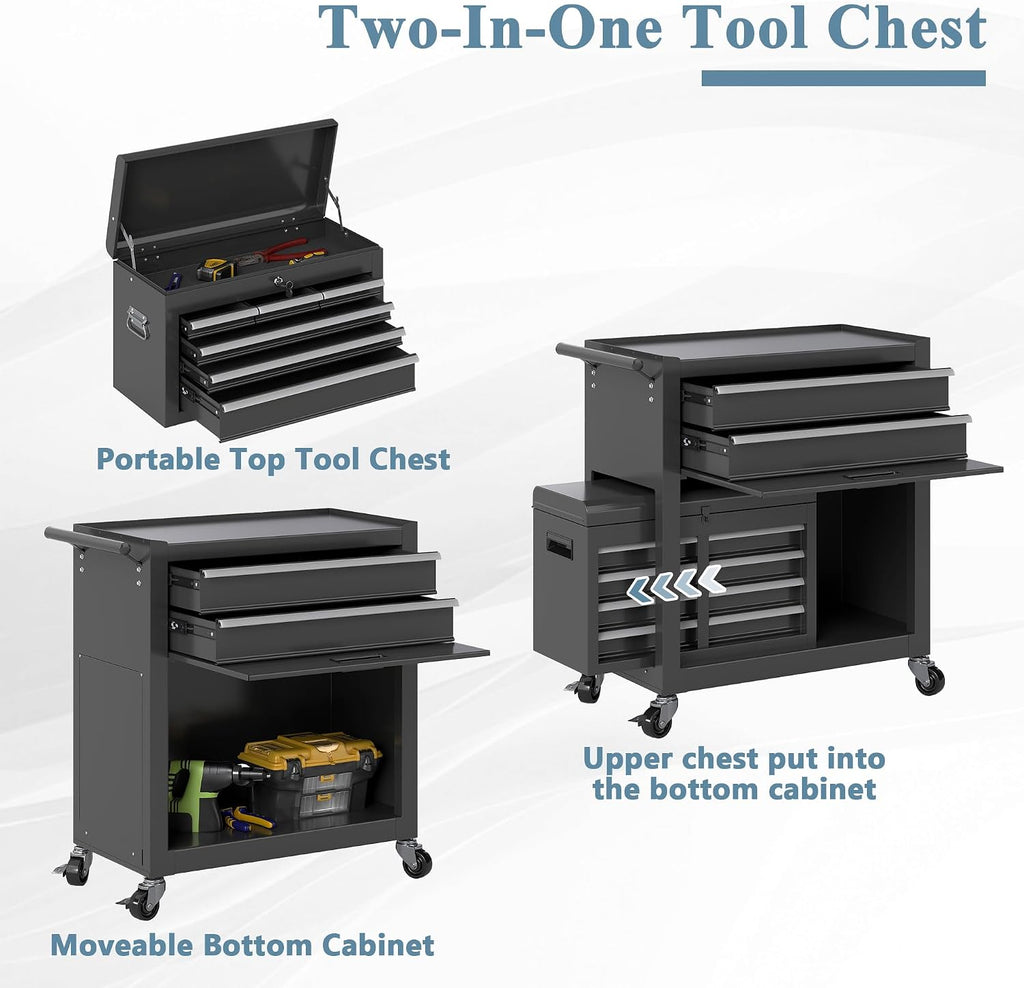 Tool Chest, 8 Drawers Rolling Tool Cabinet, Removable Cabinet Storage Tool Box with Hooks and Liners,Universal Lockable Wheels