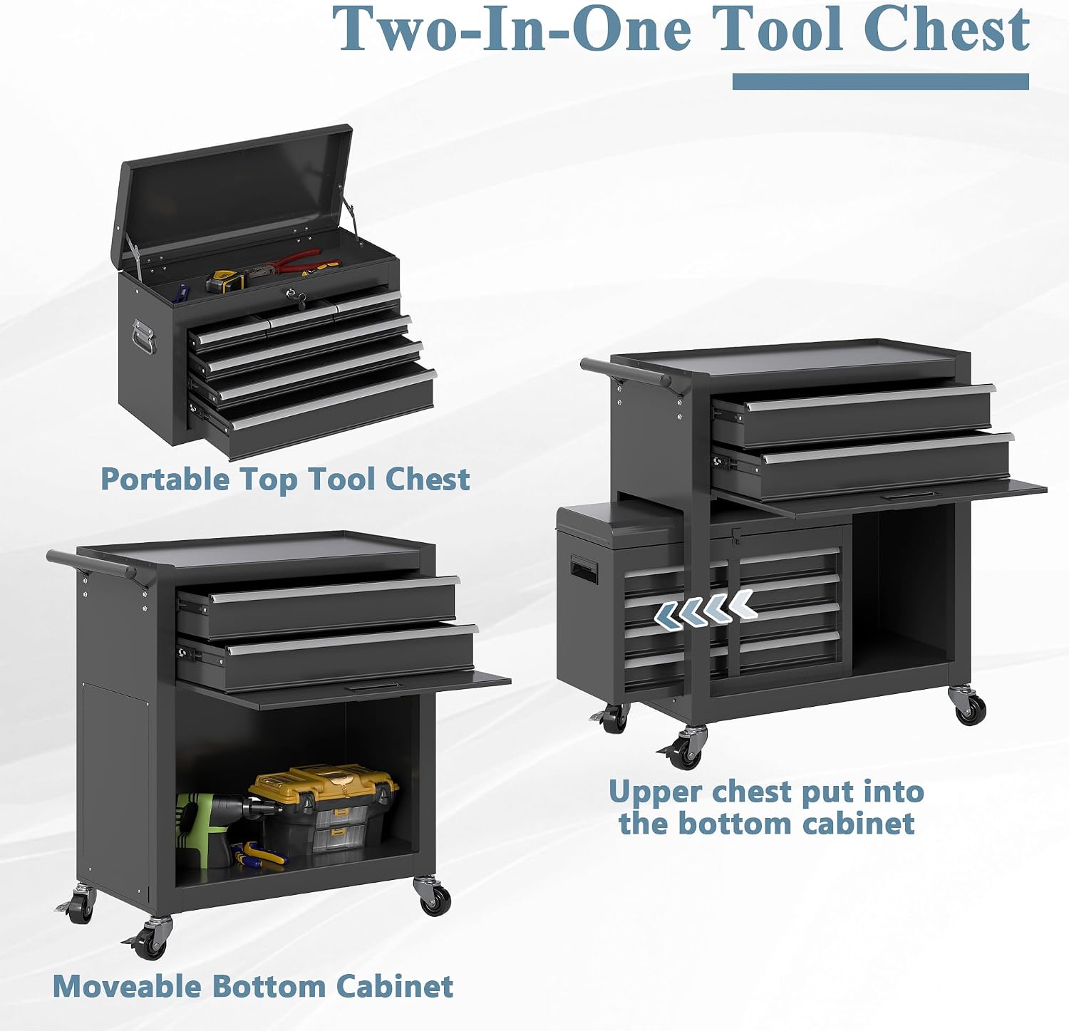 Tool Chest, 8 Drawers Rolling Tool Cabinet, Removable Cabinet Storage Tool Box with Hooks and Liners,Universal Lockable Wheels
