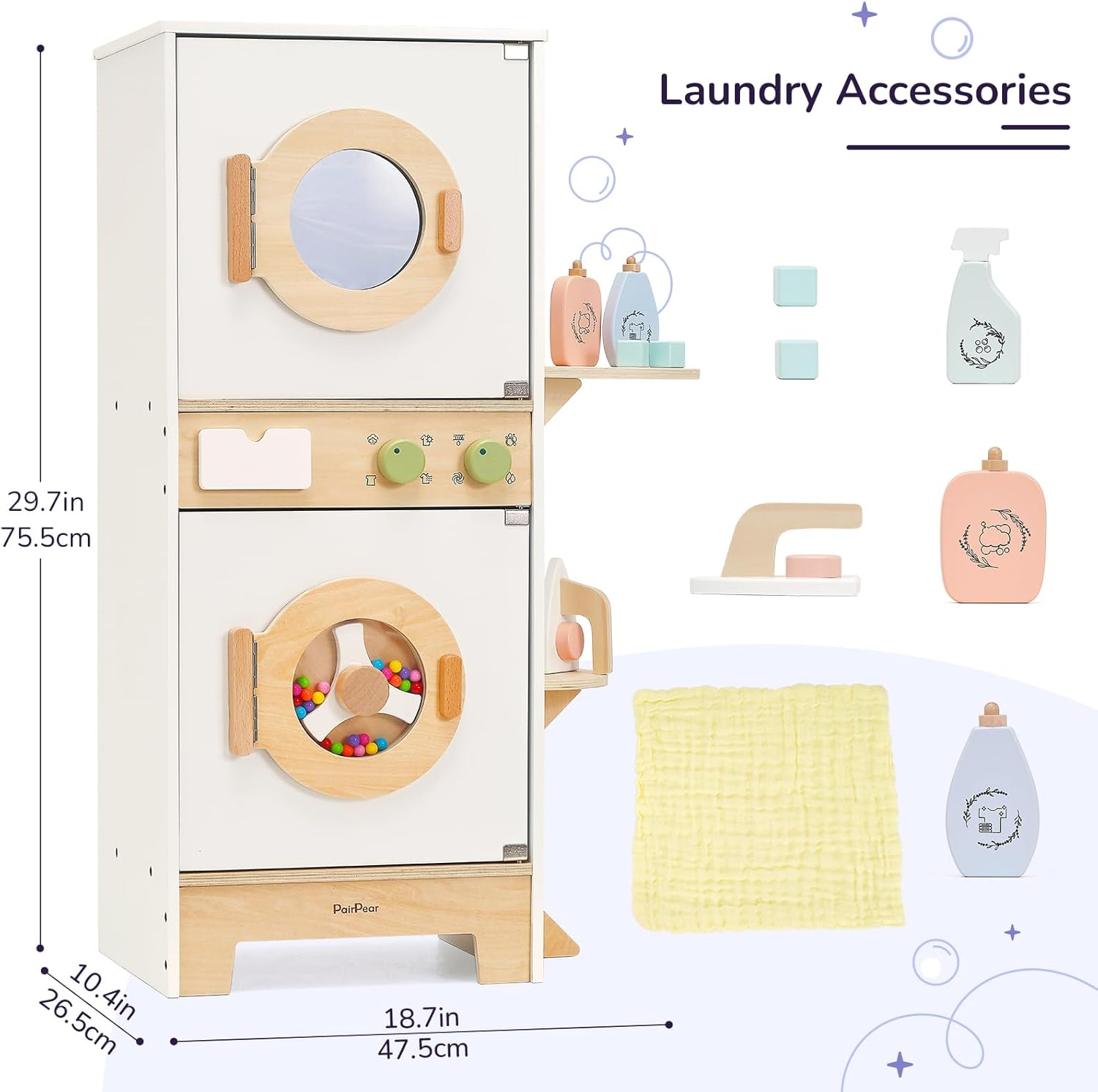 PairPear Wooden Toy Washing Machine Playset, Kids Washer & Dryer Laundry Playset with Iron, Toddler Pretend Kitchen Spinning Bead Drum Toy Gift for Age 3+