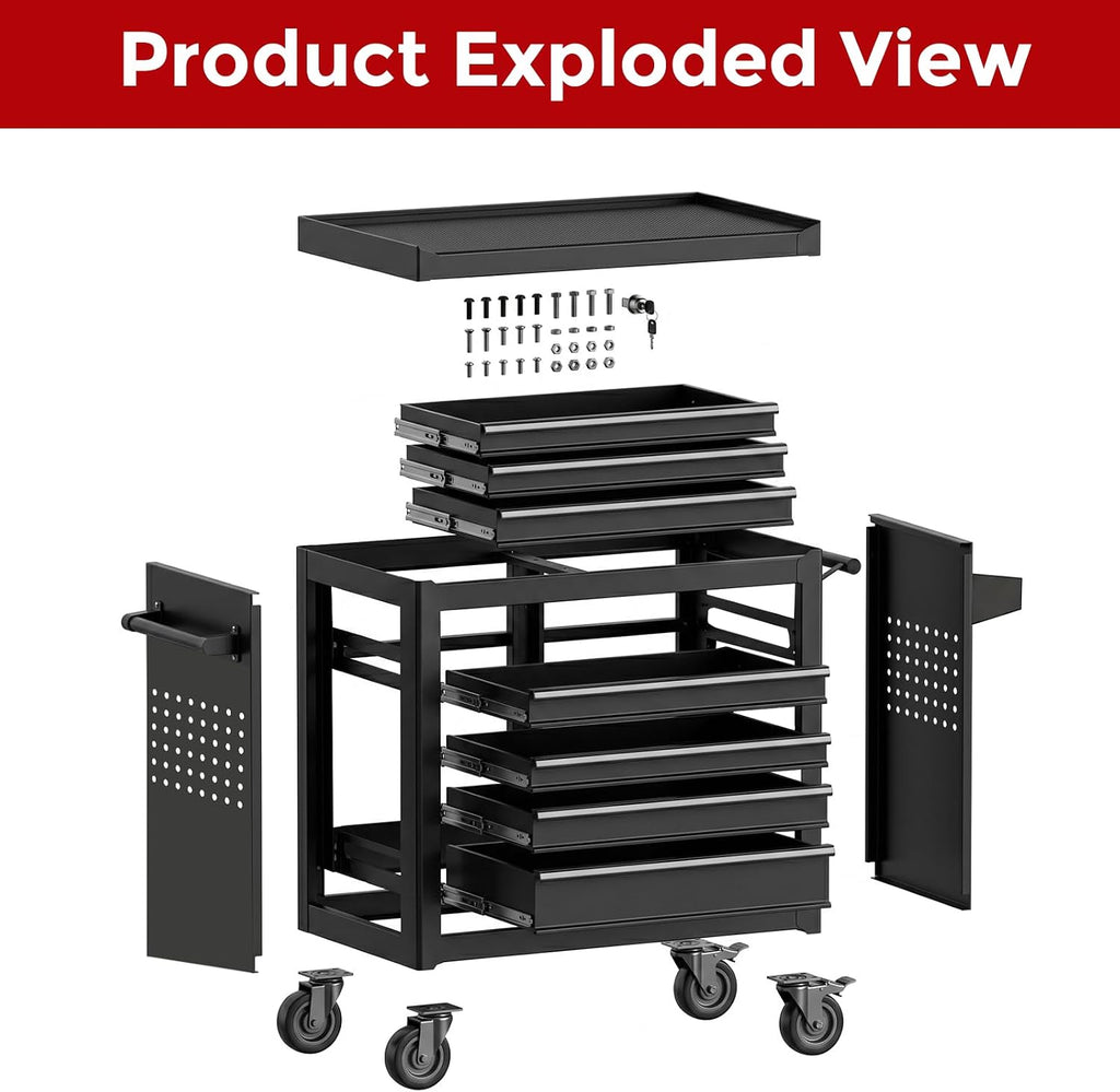 Rolling Tool Chest with Wheels, 7 Drawers Tool Storage Cabinet, Portable Metal Tool Box Organizer with Lock, Tool Cart on Wheels Toolbox Workbench for Garage, Workshop, Warehouse(Required Assembly)