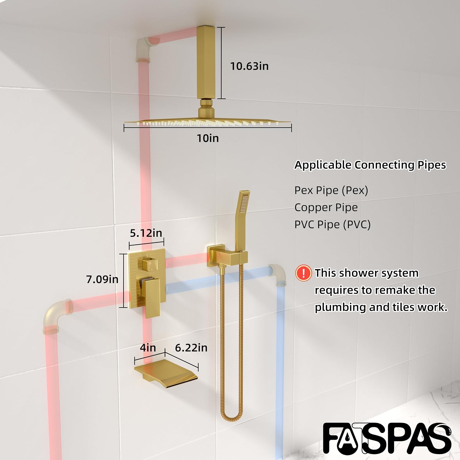 Ceiling Mount Shower System with Tub Spout, 10-Inch High-Pressure Rain Showerhead and Handheld Combo, Brushed Gold Shower Faucet Set with Rough-in Valve and Trim Kit, All-Metal