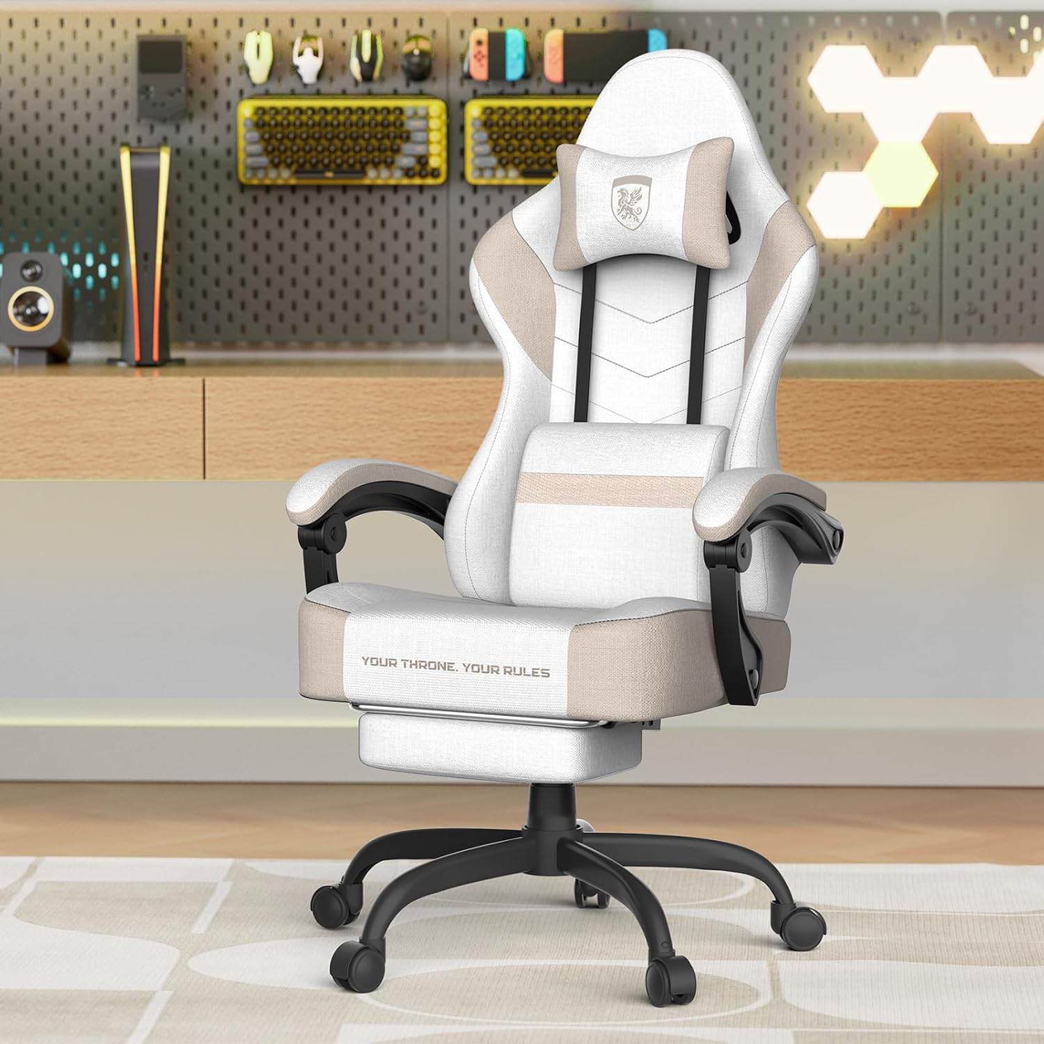 Soontrans Linen Fabric Gaming Chair Beige/Coffee with Footrest, Ergonomic Computer Chair with Massage,Gamer Chair with Adjustable Headrest, Comfortable Office Chair for Home & Gaming