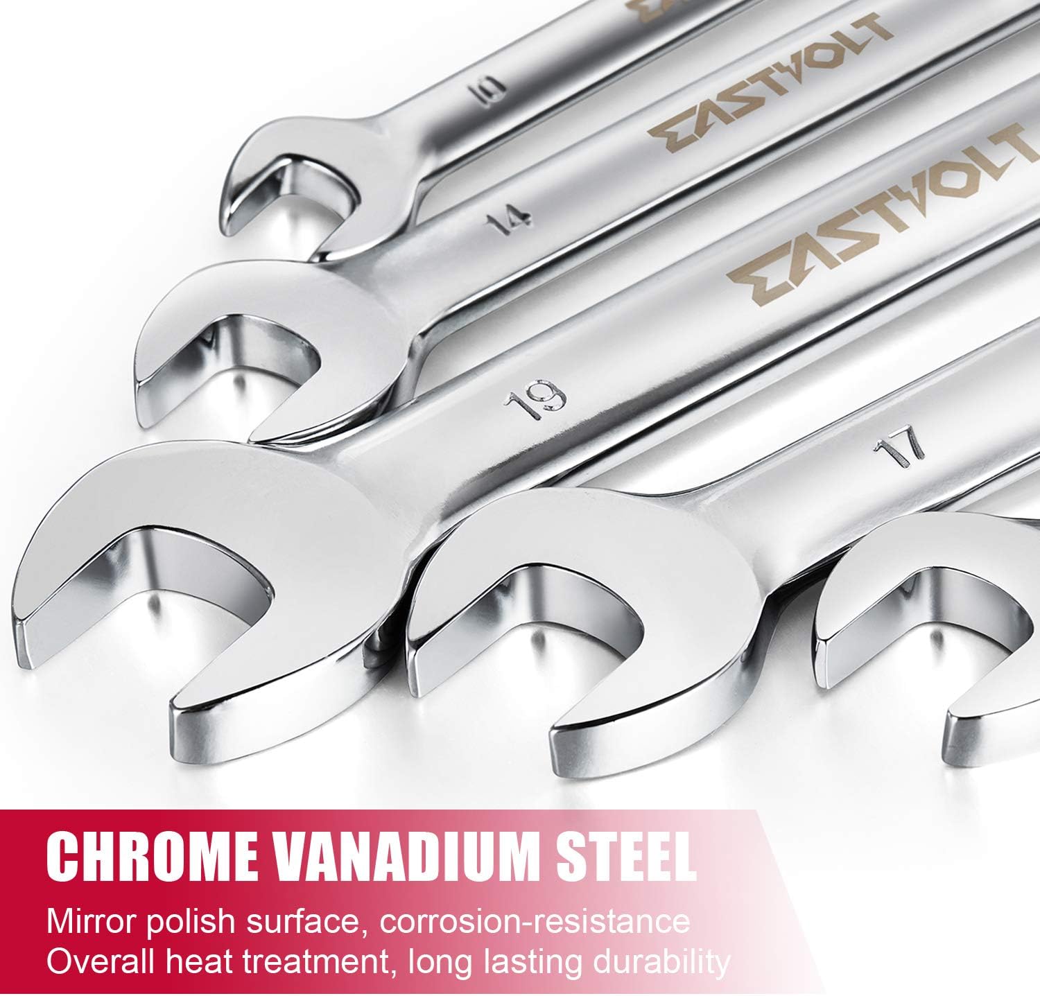 Eastvolt 12-Piece Flex-Head Ratcheting Wrench Set, Metric 8mm-19mm, Combination Ended Spanner kits, Chrome Vanadium Steel with Toolbox, EVHT1201 (Pack of 5)