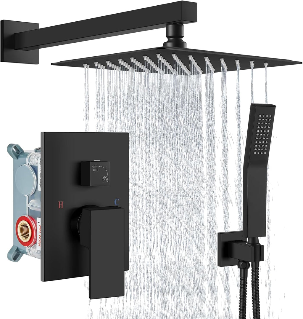 Aolemi Shower Faucet Set Rain Shower System with Handheld Spray Bathroom Shower Combo Rough-in Valve and Shower Trim Kit Included Matte Black 10 Inch Wall Mount Shower Head