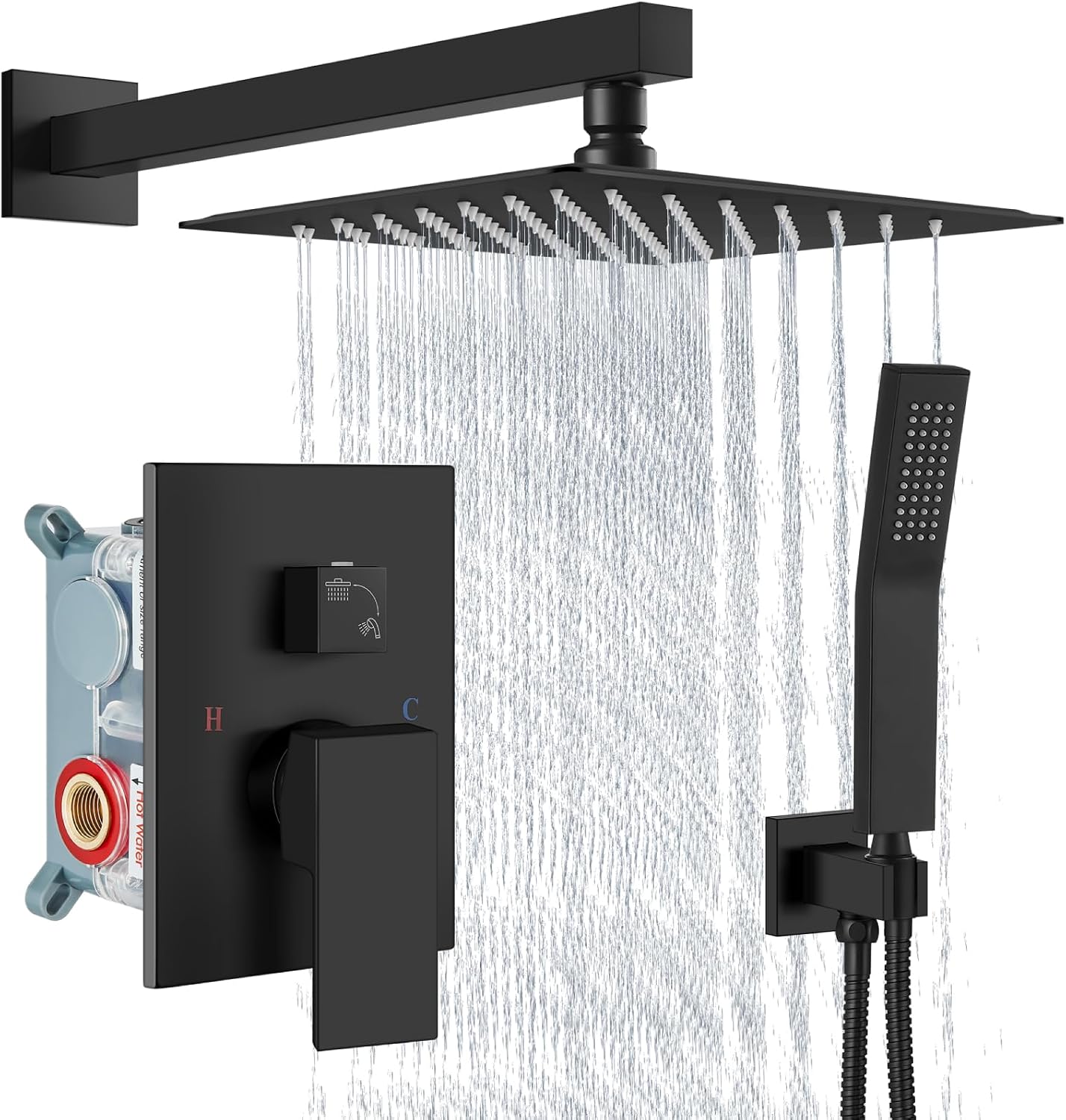 Aolemi Shower Faucet Set Rain Shower System with Handheld Spray Bathroom Shower Combo Rough-in Valve and Shower Trim Kit Included Matte Black 10 Inch Wall Mount Shower Head