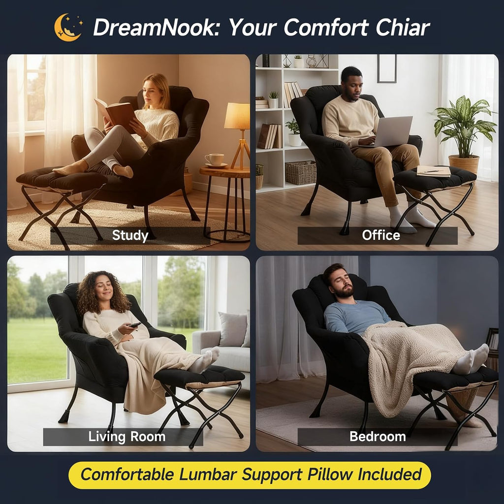 Lazy Chair with Ottoman, Modern Accent Chair with Lumbar Pillow, Black Sofa, Armchairs with Folding Footrest, Oversized Supportive Chairs for Bedroom, Reading