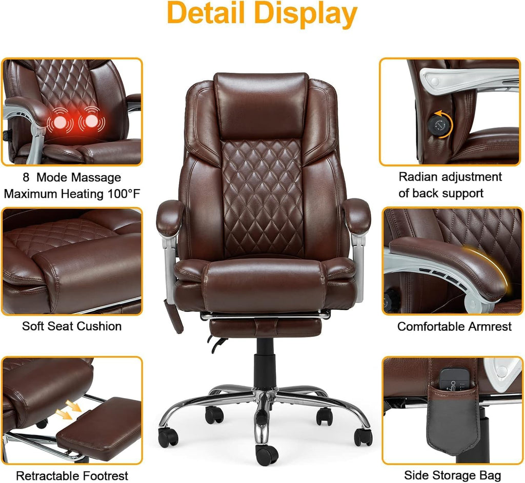 HOMREST 2-Point Massage Office Chair with Lumbar Support, Heated Executive Office Chair, Computer Gaming Chair with with Adjustable Backrest for Home Office, Brown