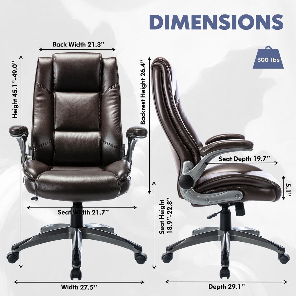 COLAMY Leather Executive Office Chair - High Back Ergonomic Home Computer Desk Chair with Padded Flip-up Arms, Adjustable Tilt Lock, Swivel Rolling Chair for Adult Working Study, Brown