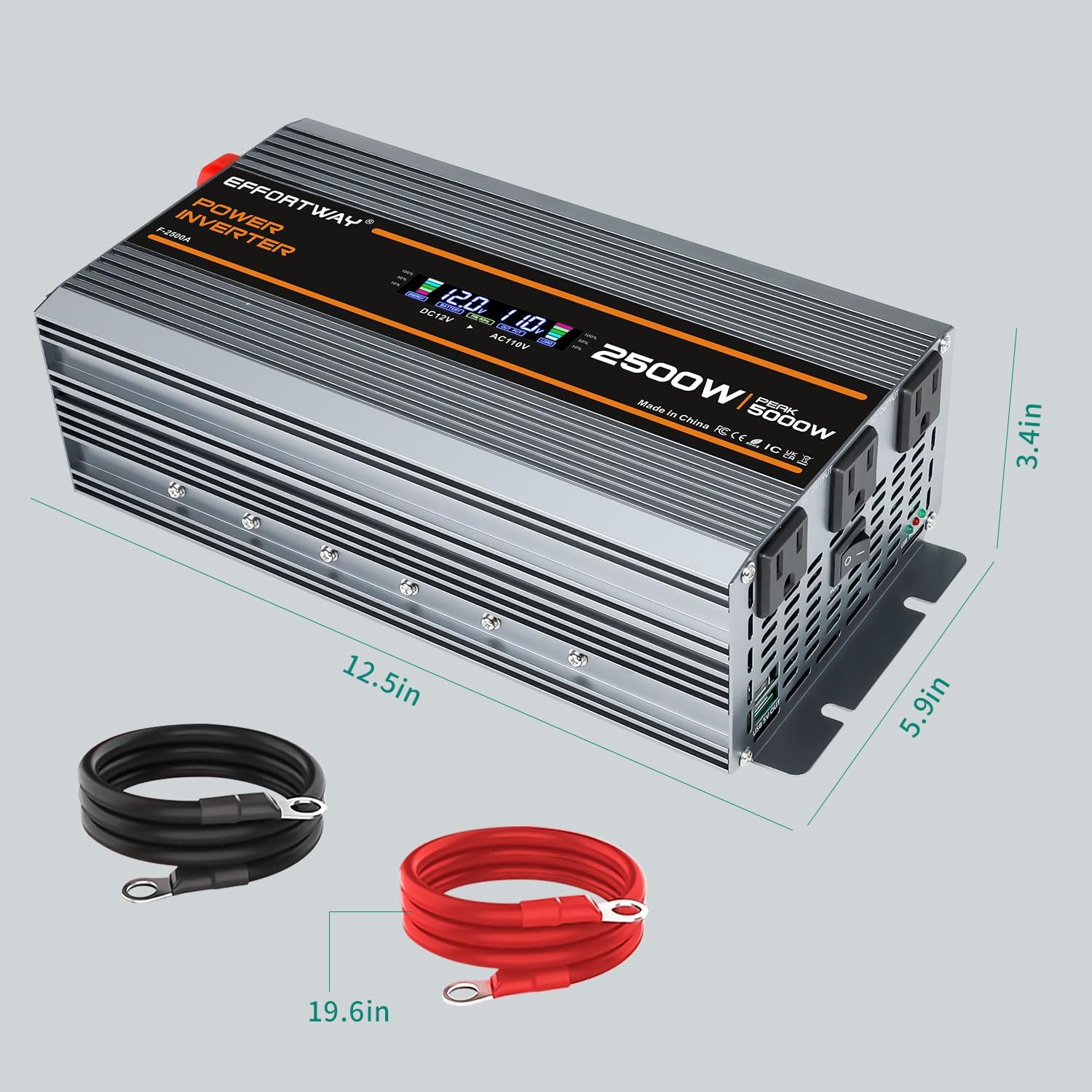 2500W Power Inverter. 12V DC to 110V/120V AC Converter 5000W (Peak) with LCD Display, 3 AC outlets, 2 USB, 2500w Inverter for Camping RV Travel Outdoor Truck Off-Grid Solar inverters