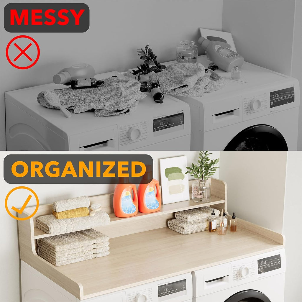 SpaceAid Washer Dryer Countertop with 2-Tier Shelf, Wood Topper with Edge, 54' Width x 27.5' Depth Cover Organizer Guard for Washer and Dryer Counter Laundry Hamper Storage (Oak)