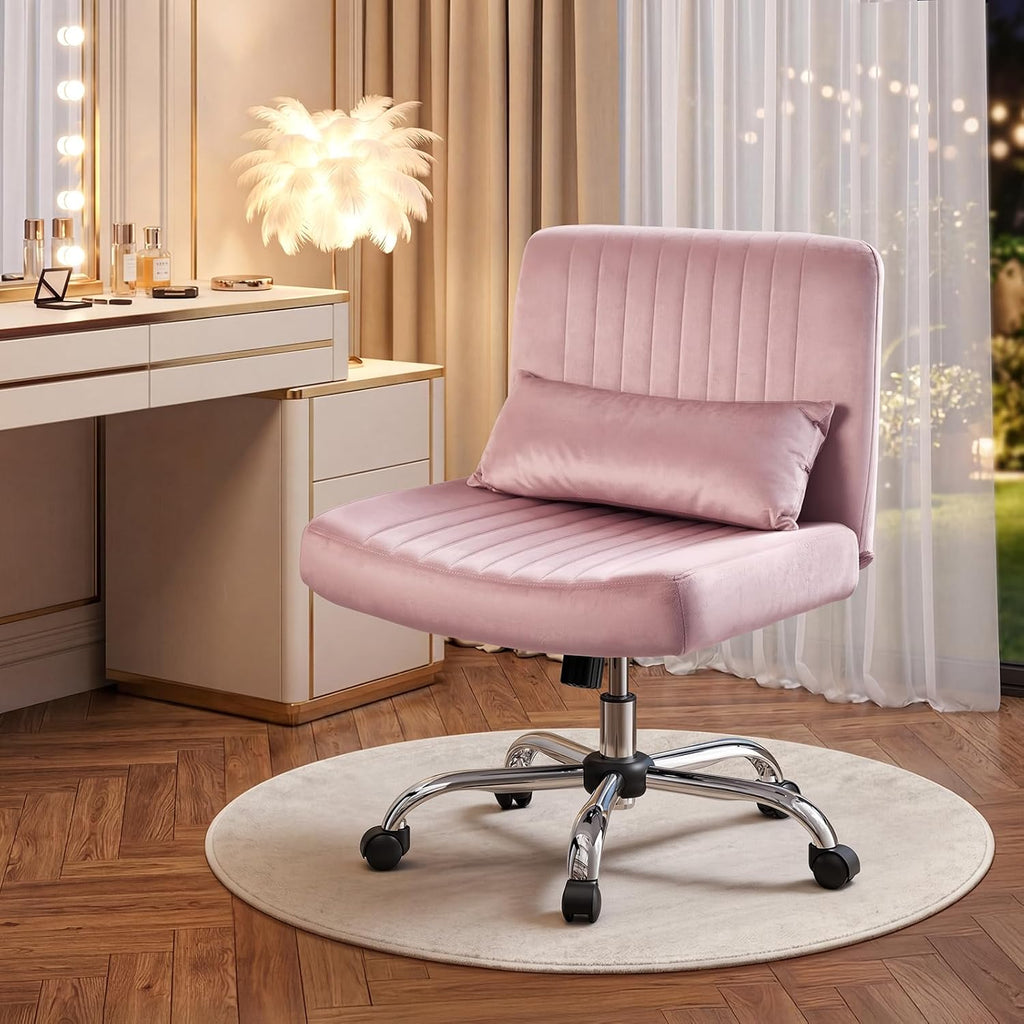 Velvet Criss Cross Chair with Wheels, Luxury Cross Legged Office Chair, Comfy Desk Chair for Home Office, Wide Seat Computer Chair, Armless Vanity Chair, Birthday Gift for Girls & Women, Blush Pink