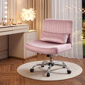 Velvet Criss Cross Chair with Wheels, Luxury Cross Legged Office Chair, Comfy Desk Chair for Home Office, Wide Seat Computer Chair, Armless Vanity Chair, Birthday Gift for Girls & Women, Blush Pink