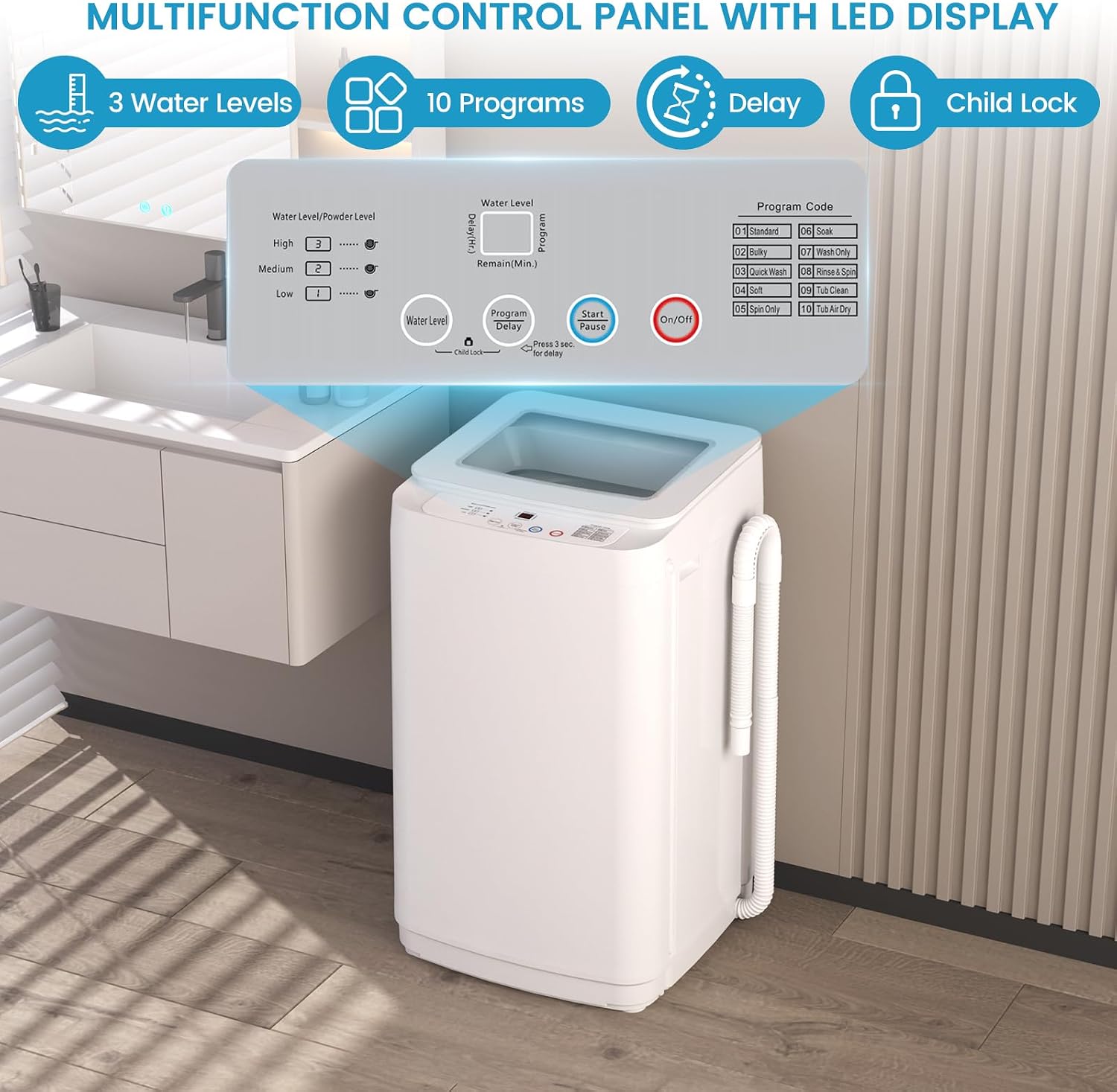 Zynkez 14 lbs Portable Washing Machine, Fully Automatic Portable Washer with 10 Programs, 3 Water Levels, Drain Pump, Small Washer and Spin Dryer Combo for Apartment, RV, Dorm