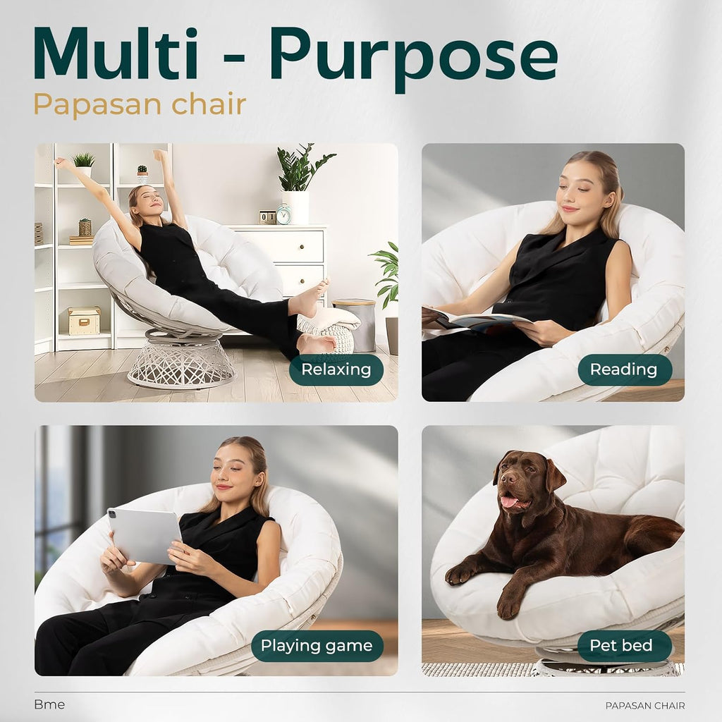 Bme 40' Ergonomic Wicker Papasan Chair with Soft Thick Density Fabric Cushion, High Capacity Steel Frame, 360 Degree Swivel for Living, Bedroom, Reading Room, Lounge