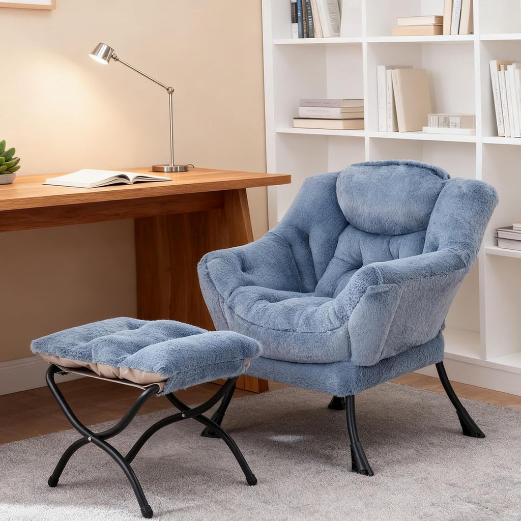 Welnow Lazy Chair with Ottoman, Modern Accent Chair with Armrests and a Side Pocket, Leisure Sofa Armchair Set, Reading Armchair with Footrest for Small Space, Plush Light Blue