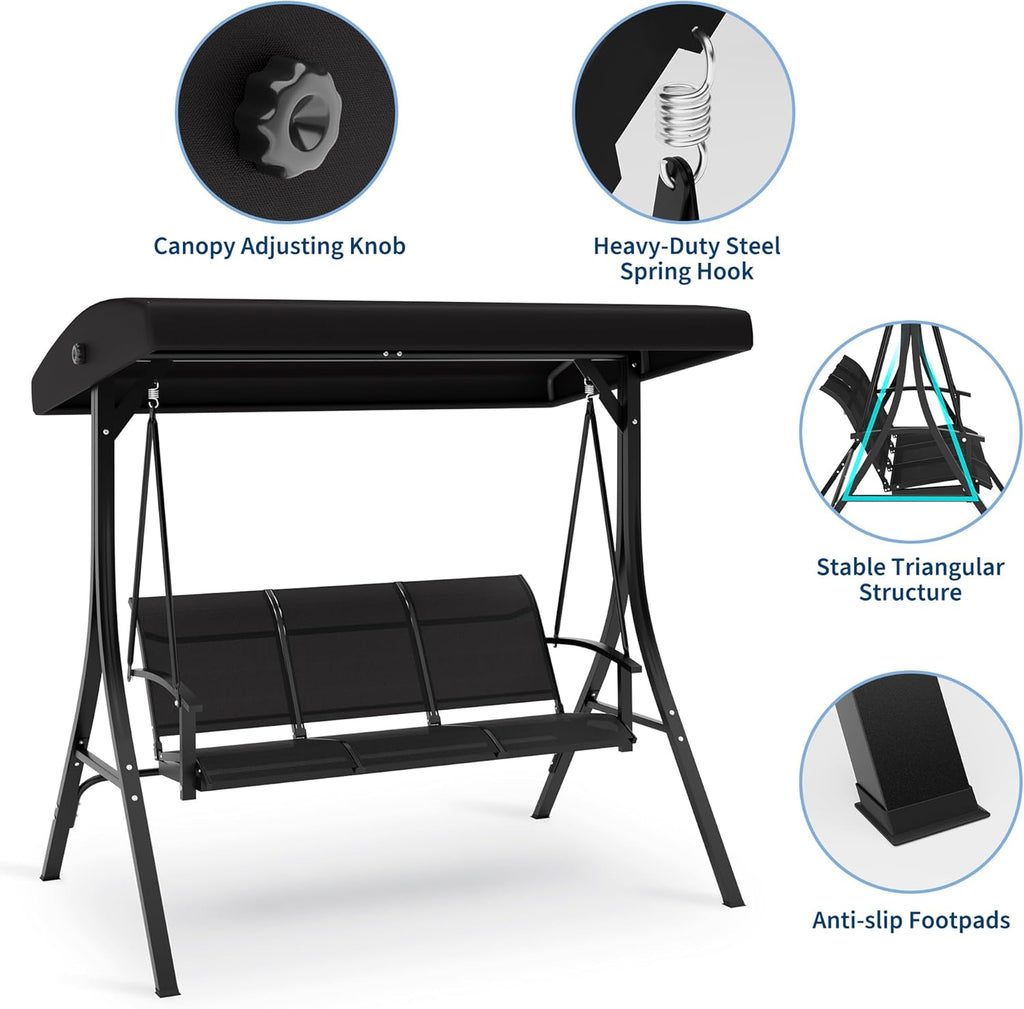 GarveeLife 3-Seat Patio Swing Chair, Outdoor Porch Hanging Swings with Adjustable Canopy and Armrests, Breathable Textilene Fabric Seat & Backrest, Swing Bench for Garden, Poolside, Backyard, Black