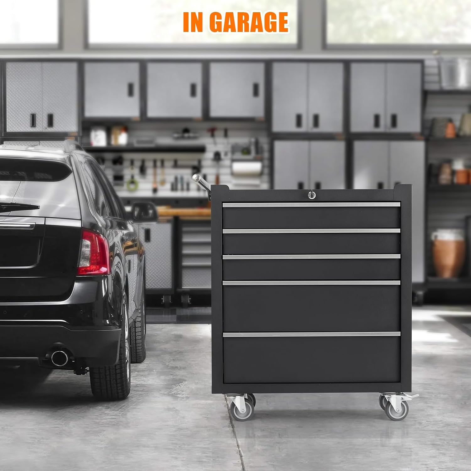 Toolbox with Five Drawers with Key Lock and Drawer Liner Removable on Wheels for garages, Warehouses, workshops and Repair Stores - Black