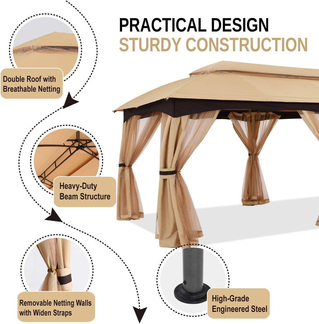 ABCCANOPY Outdoor Patio Gazebo 10x20 - Double Roof Canopy with Mosquito Netting for Backyard, Deck, Garden, Lawn, Beige