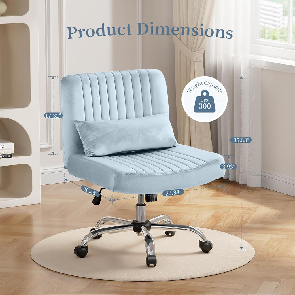 Criss Cross Office Chair with Wheels, Velvet Cross Legged Desk Chair for Bedroom, Armless Computer Chair, Modern Vanity Chair, Festival for Adults, Velvet Dusk Blue