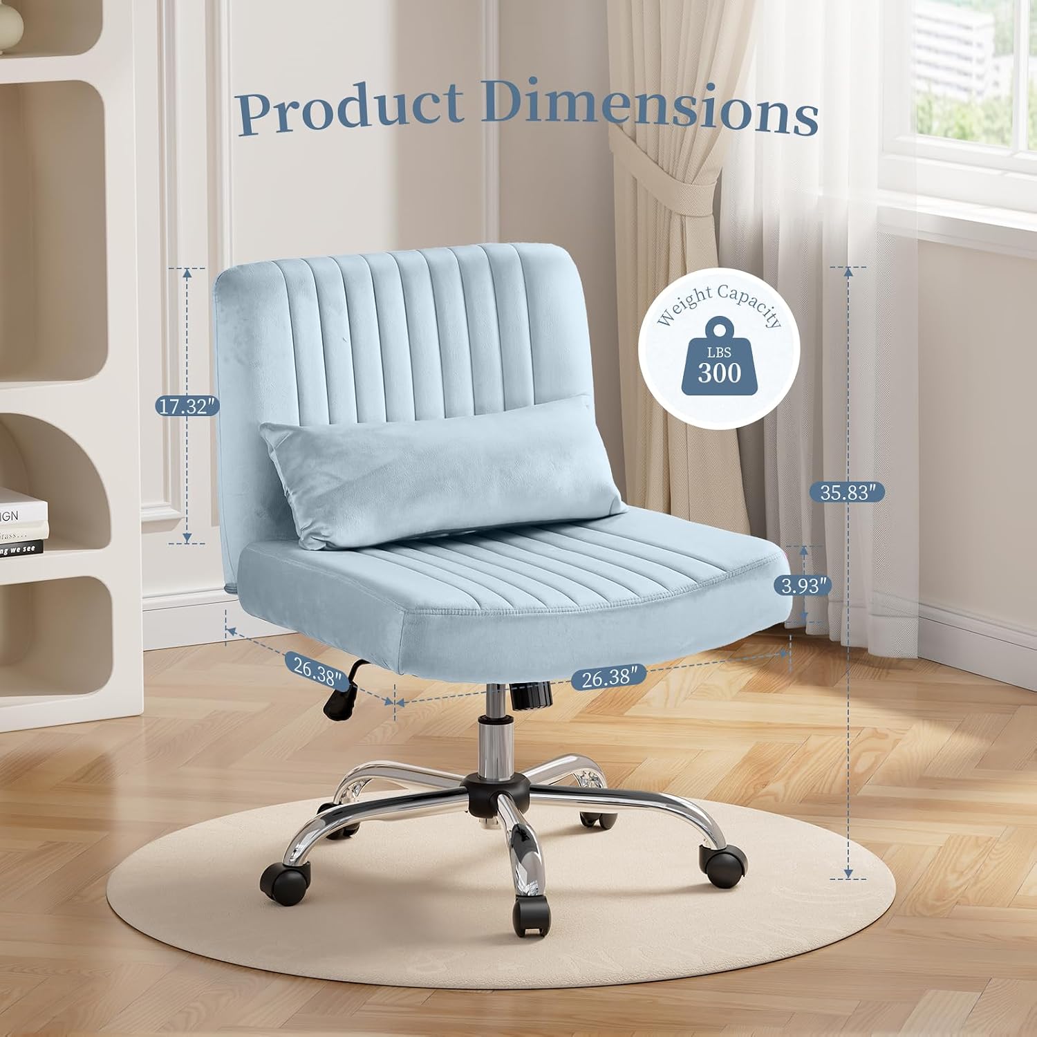 Criss Cross Office Chair with Wheels, Velvet Cross Legged Desk Chair for Bedroom, Armless Computer Chair, Modern Vanity Chair, Festival for Adults, Velvet Dusk Blue