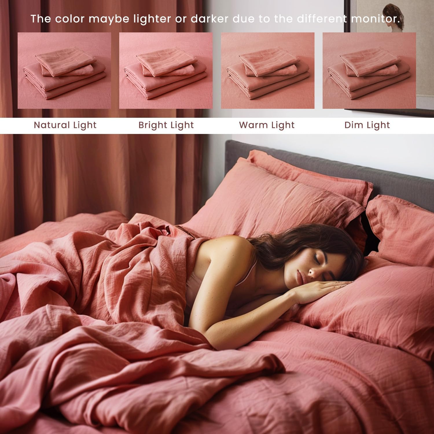 S VICTORY SYMBOL 100% Organic Linen Sheets Set King Size,Washed French Flax Bed Sheets 4Pcs(2 Pillowcases,1 Fitted Sheet,1 Flat Sheet) Breathable Soft,Clay