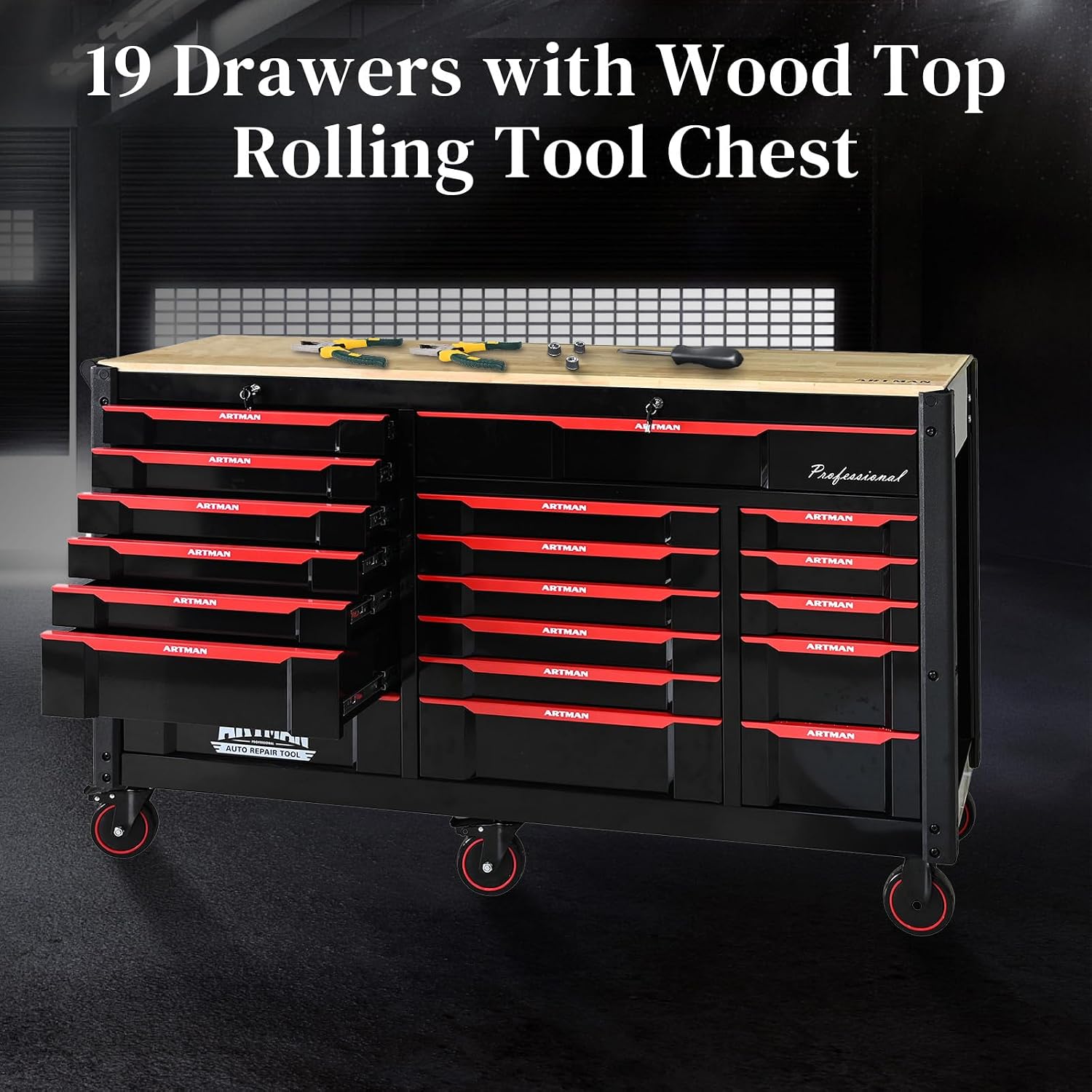 66' Rolling Tool Chest with 19 Drawers Large Mobile Workbench Heavy Duty Tool Cart on Wheels Work Bench Mechanic Toolbox Lockable Storage Cabinet for Garage, Workshop, Warehouse, Laboratory, Wood Top