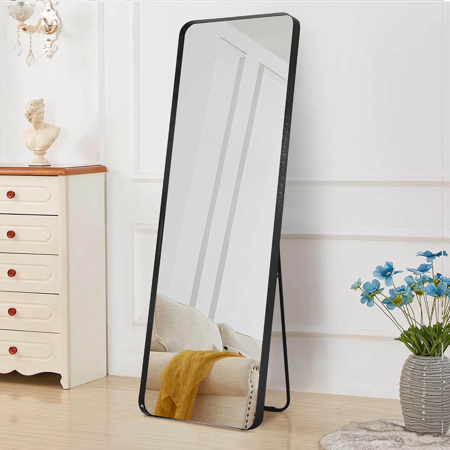 NeuType Full Length Mirror, 63'x20' Floor Mirror Full Body Dressing Mirror Round Corner, Hanging or Leaning Against Wall Large Rectangle Wall Mounted Deep Set Aluminum Alloy Frame for Bedroom, Black