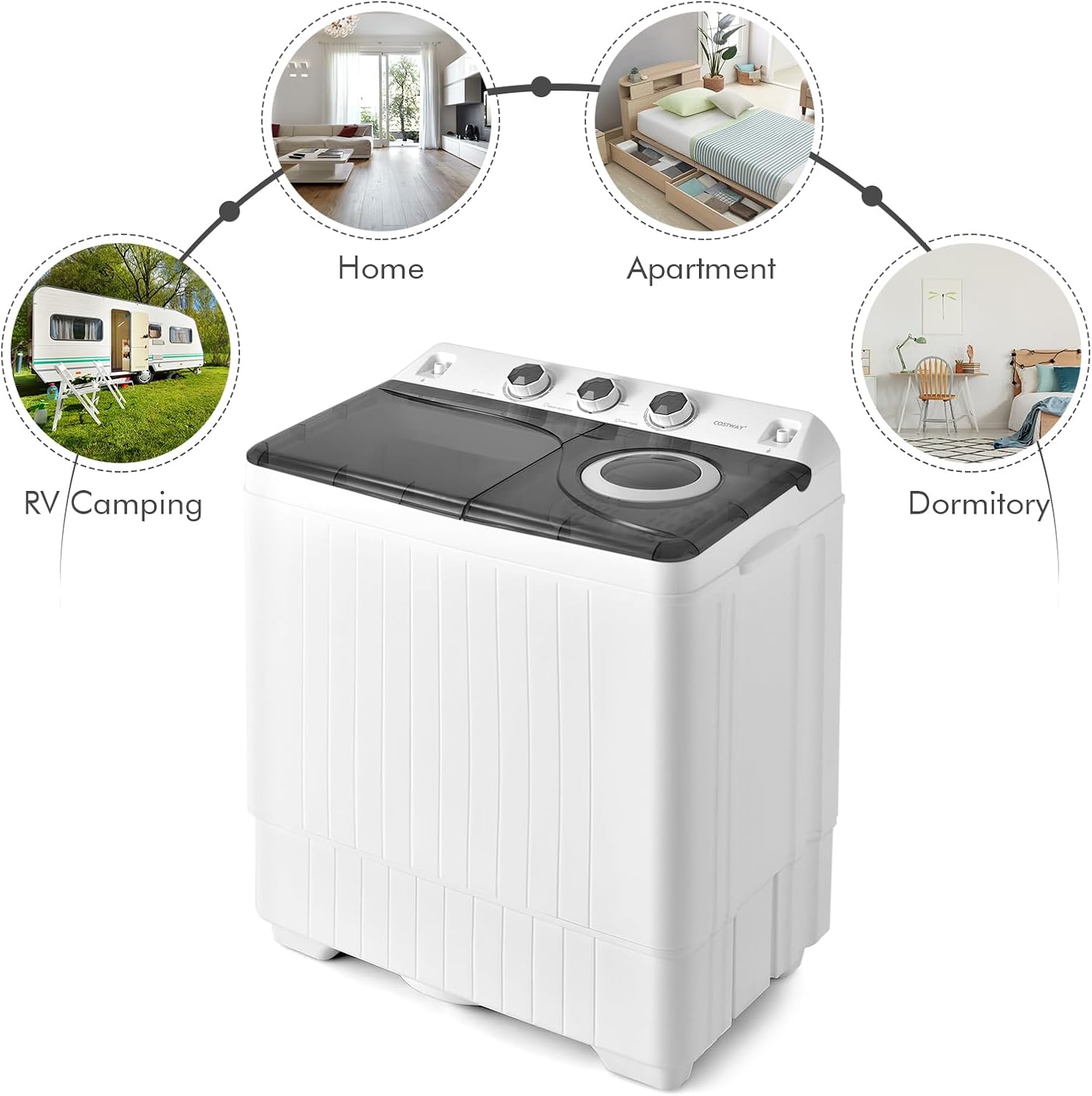 COSTWAY Portable Washing Machine, 2-in-1 Twin Tub 26lbs Capacity Laundry Washer(18lbs) and Spinner(8lbs) with Control Knobs, Timer Function, Drain Pump, Perfect for Home Apartment RV, Grey