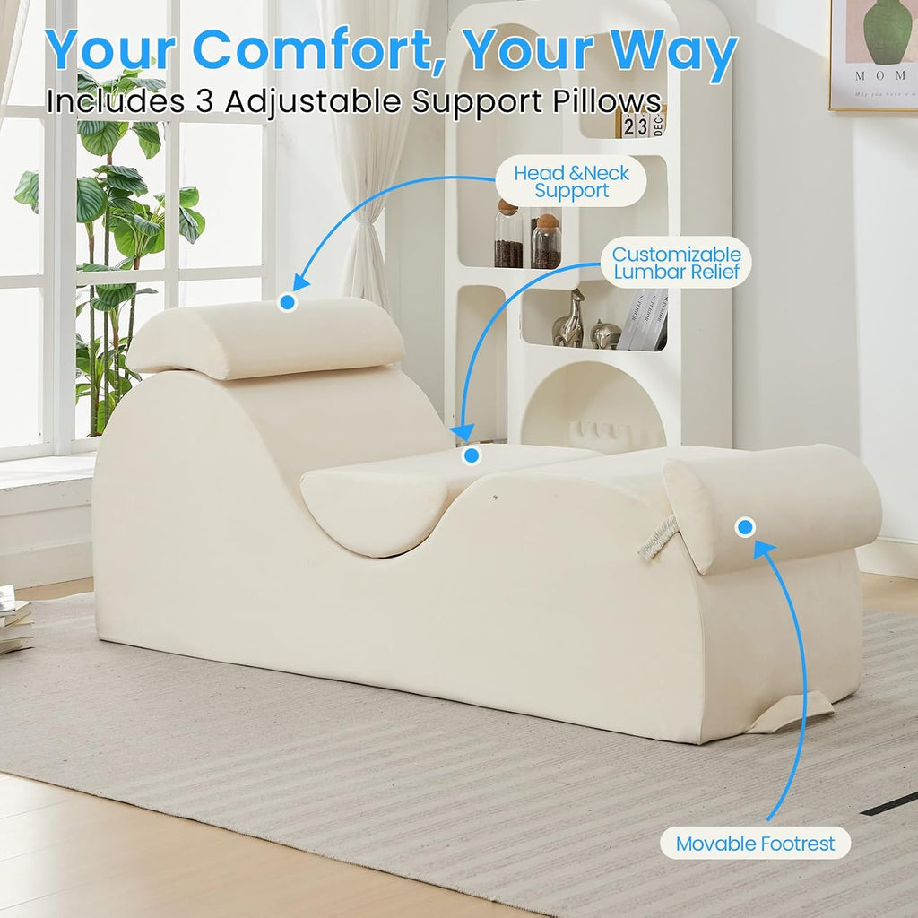 ijuicy 25 Inch Yoga Stretch Chair, Velvet Household Fitness Training Chair, Indoor Relaxation Recliner with Headrest & Adjustable Footrest, Beige