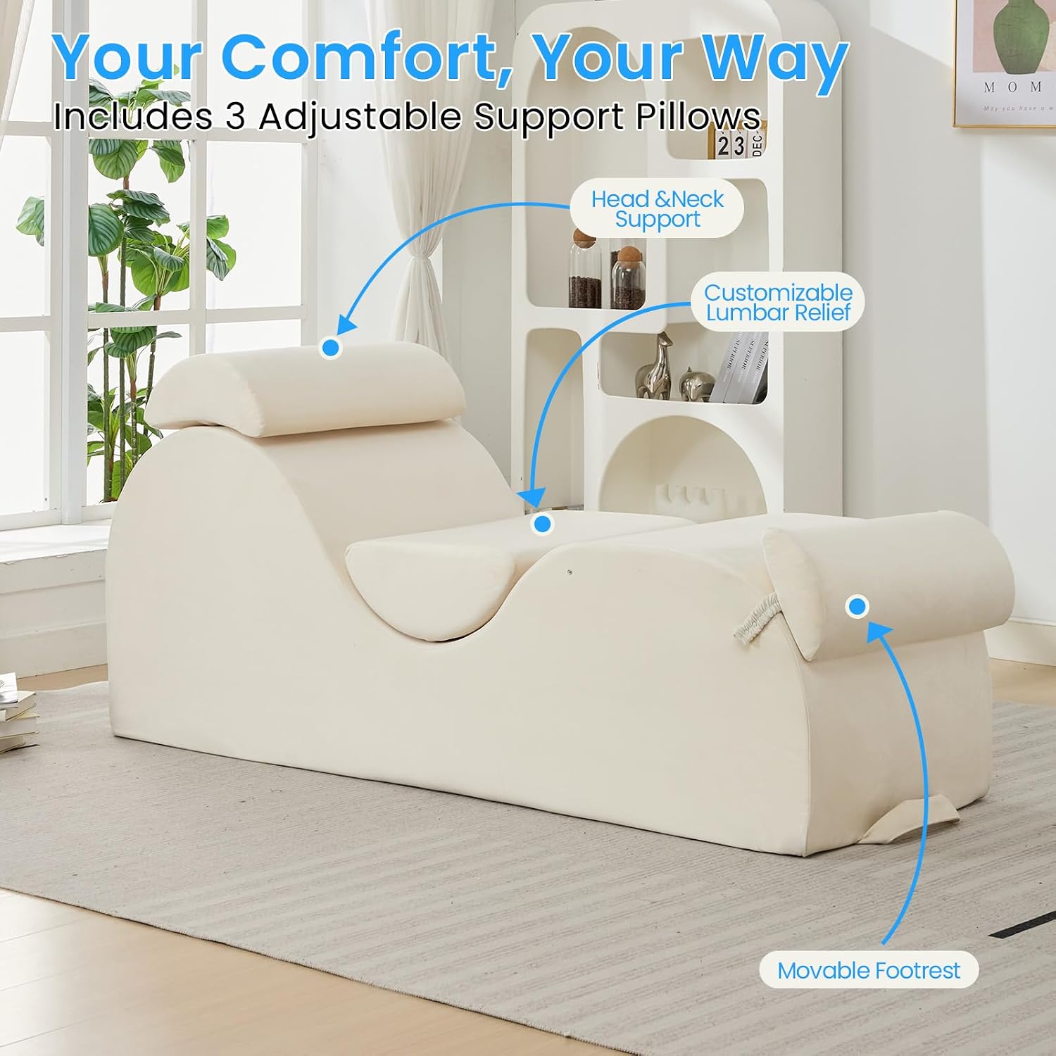 ijuicy 25 Inch Yoga Stretch Chair, Velvet Household Fitness Training Chair, Indoor Relaxation Recliner with Headrest & Adjustable Footrest, Beige