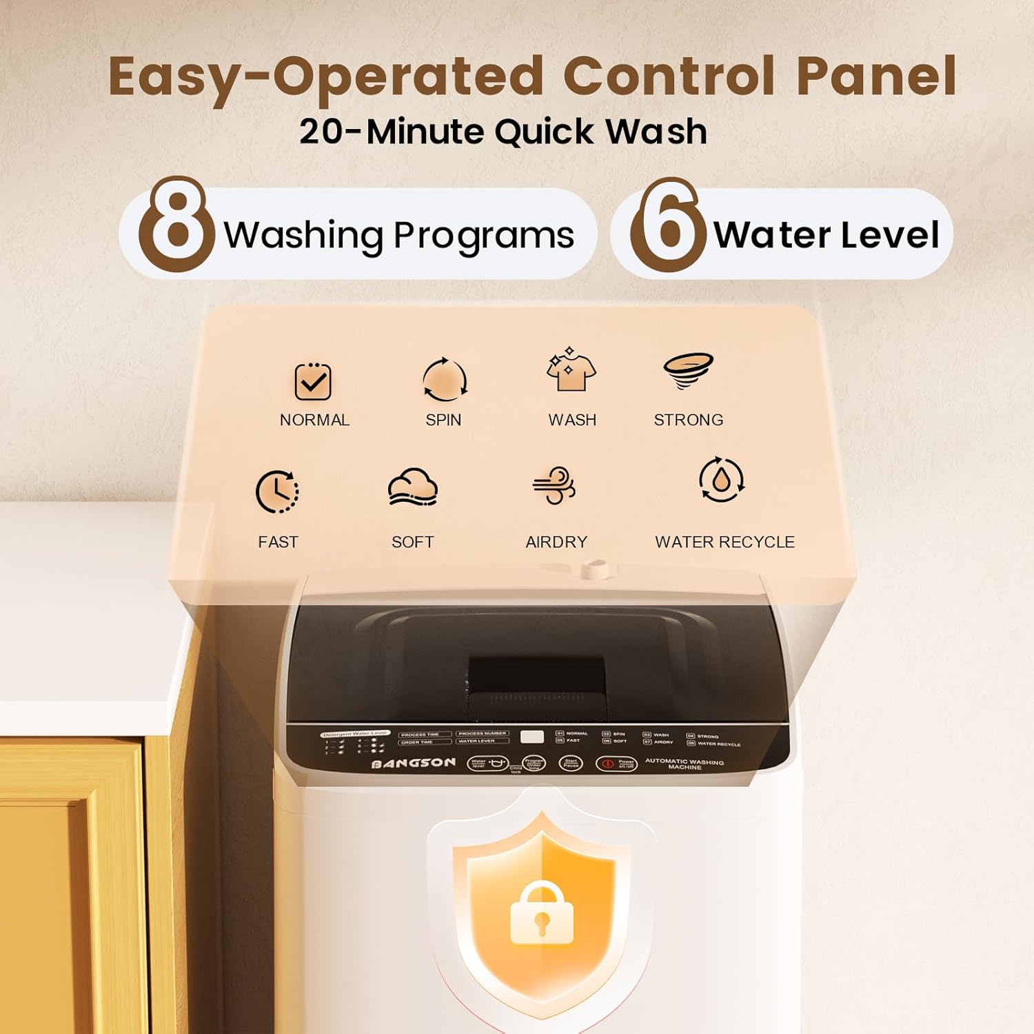 BANGSON 1.08cu.ft Portable Washing Machine, Full-Automatic washing Machine with 8 Programs 6 Water Levels, Drain Pump and LED Display, Compact Washer for Apartments, RVs, Homes, White