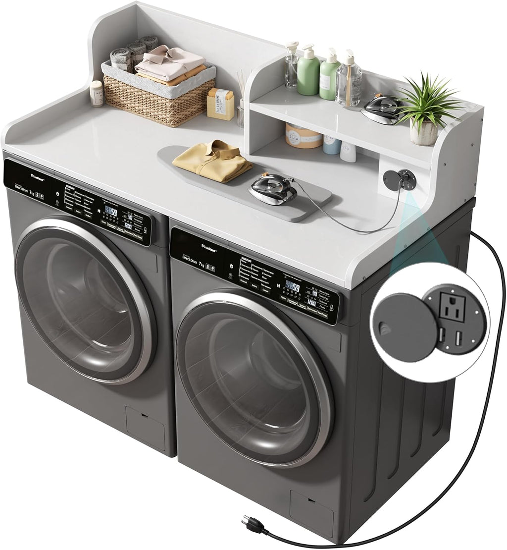DTK Washer Dryer Countertop with Charging Station, 2 Tier Laundry Countertop with Anti-Slip Strips, 27.55' Depth x 54' Width, Wood Dryer Cover with Shelf,White (White)