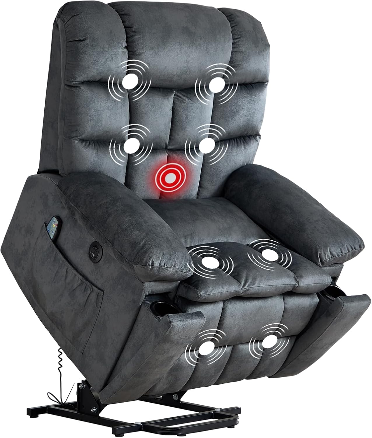 IOMOR Power Lift Recliner Chair for Elderly with Massage and Lumbar Heating, Overstuffed Electric Lift Chair with 2 Side Pockets and Cup Holders, USB & Type-C for Living Room, Textile Green Gray