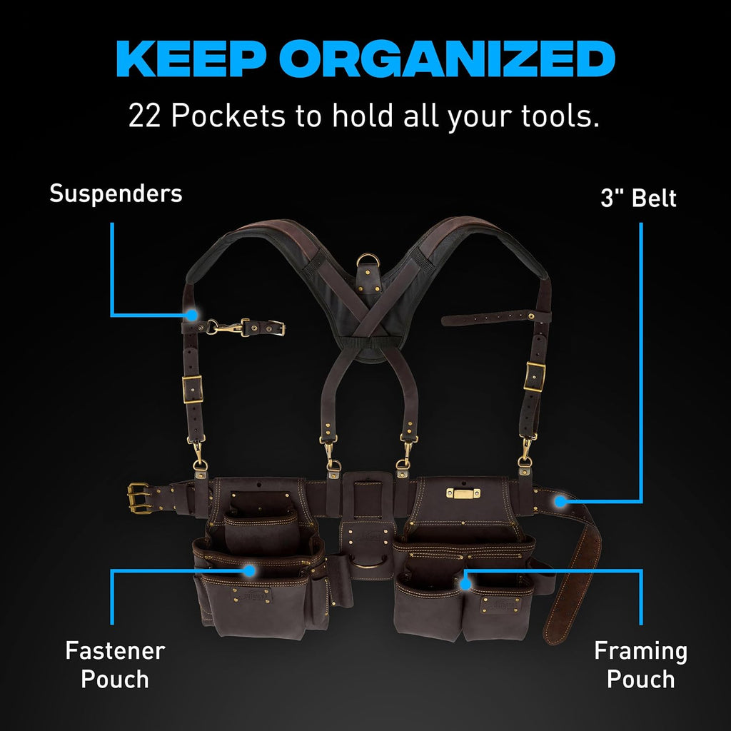 OX Pro Construction Tool Belt with Suspenders - Made of Oil-Tanned Leather with Double-Stitching and Steel Rivets - 22-Pocket Small Tool Belt