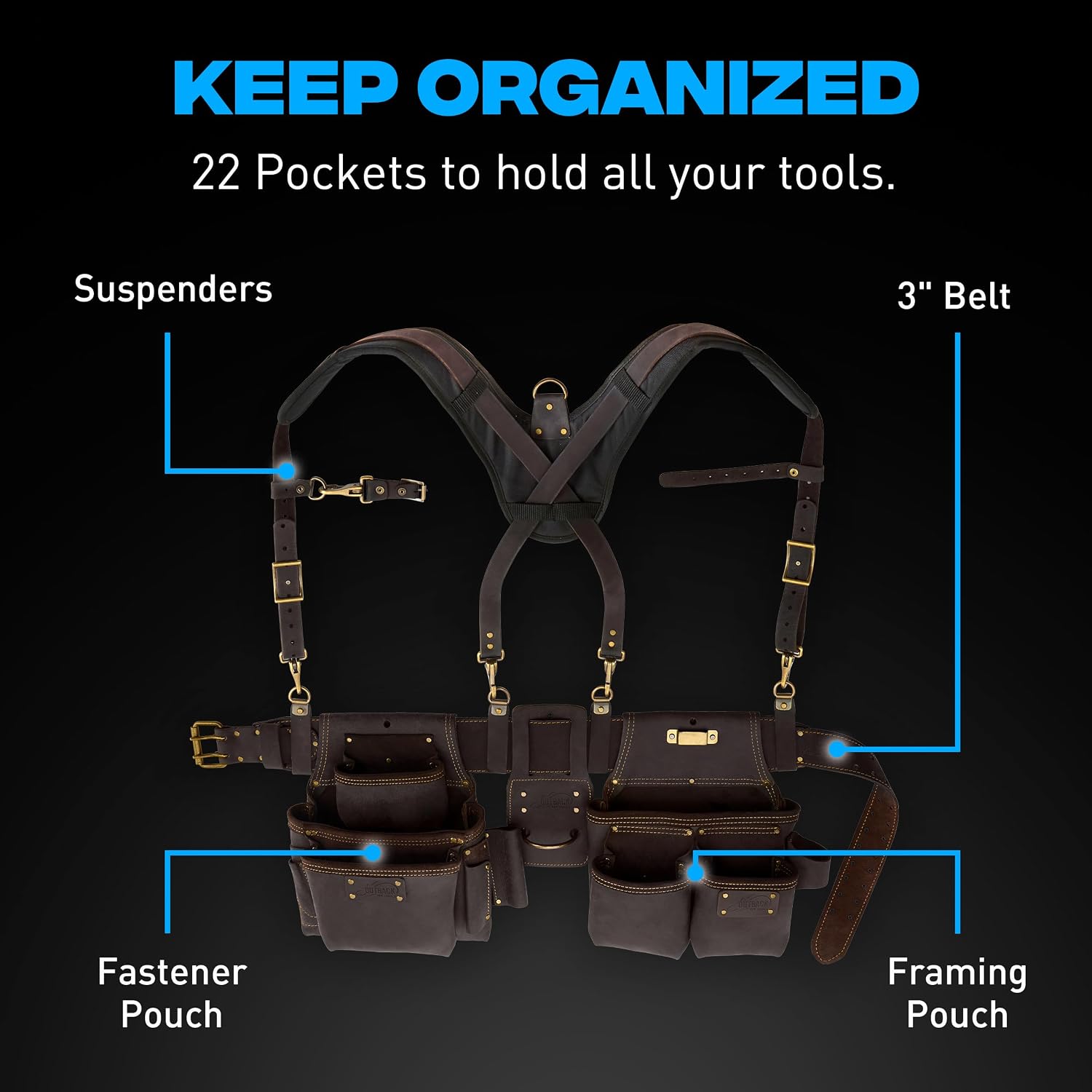 OX Pro Construction Tool Belt with Suspenders - Made of Oil-Tanned Leather with Double-Stitching and Steel Rivets - 22-Pocket Small Tool Belt