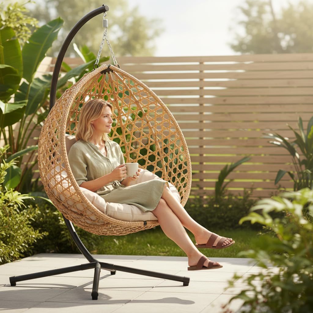 RUN.SE Hanging Egg Chair with Stand, Outdoor Indoor Egg Swing Chair with Cushion Headrest for Patio, Porch, Balcony, Bedroom, 350LBS Capacity (Dark Brown)