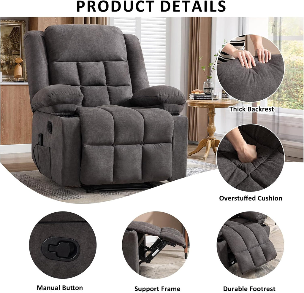 EBELLO Manual Recliner Chair for Adults with Vibration Massage and Lumbar Heating, Soft Fabric Recliner Single Sofa with Side Pocket and Two Cup Holders for Living Room, Grey