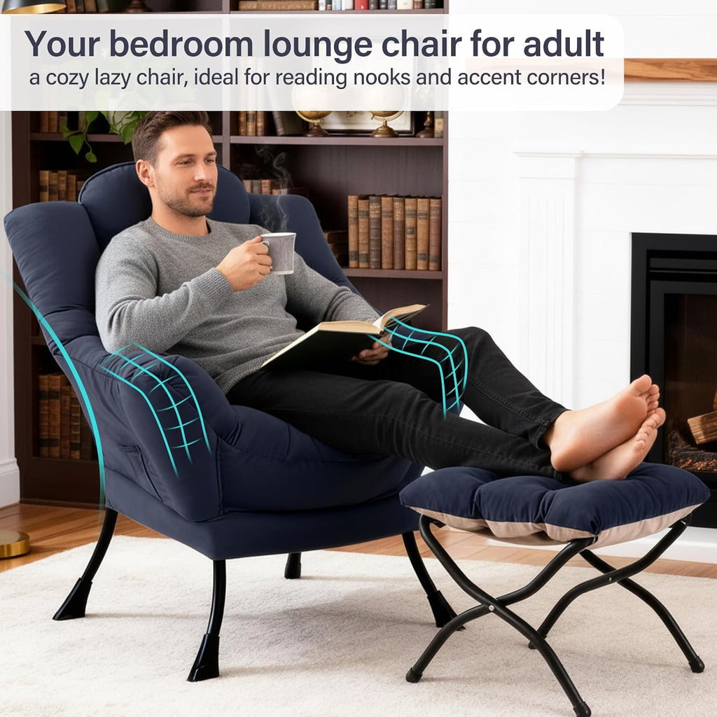 Lazy Chair with Ottoman, Modern Accent Chair with Lumbar Pillow, Navy Blue Sofa, Armchairs with Folding Footrest, Oversized Supportive Chairs for Bedroom, Reading