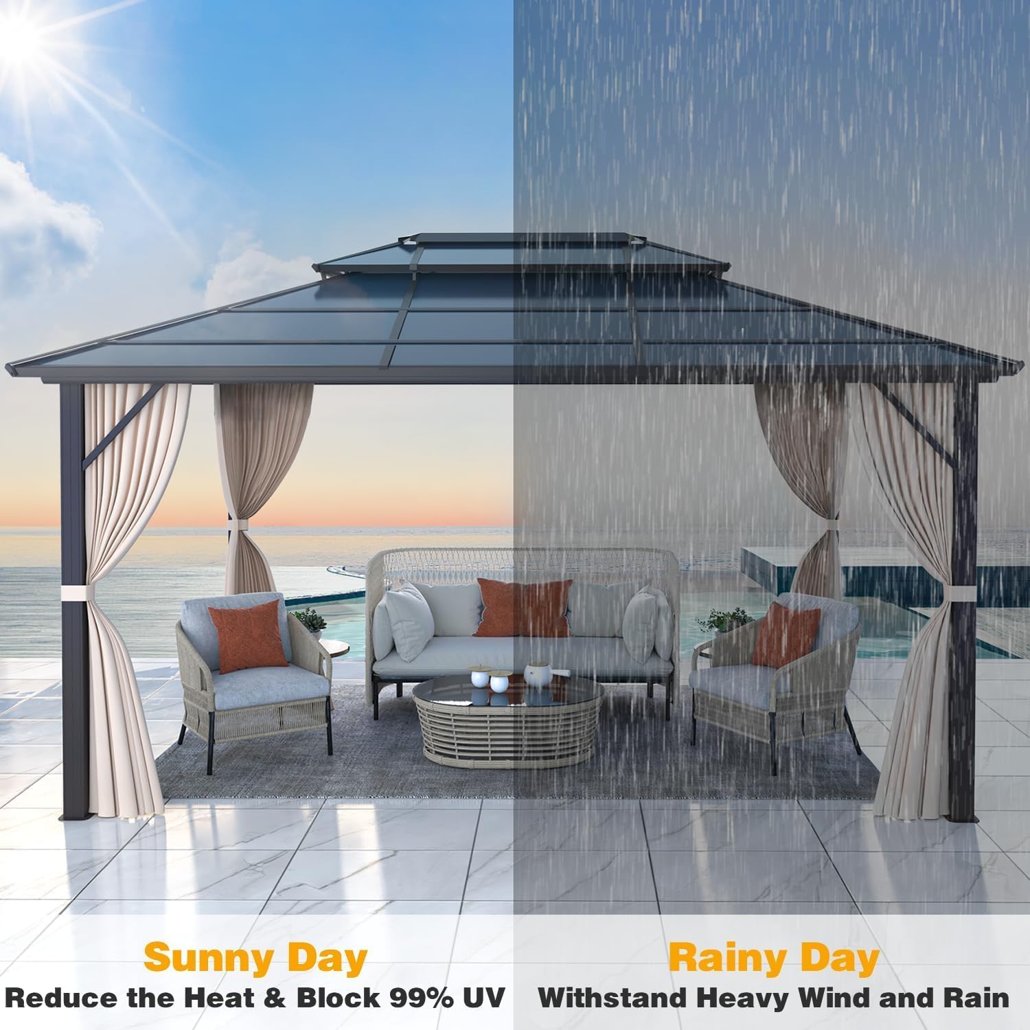 MELLCOM 10 x 13ft Hardtop Gazebo, Polycarbonate Double Roof Aluminum Gazebo, Outdoor Waterproof Canopy with Netting and Curtains for Backyard, Deck, Patio