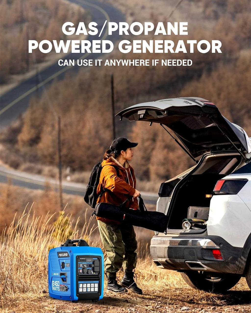 2450-Watt Dual Fuel Inverter Generator for Home Use, 1.6Gallon Large Fuel Tank Up to 8.3 Hours Use, 120V Gas Powered Generator Super Quiet, Blue