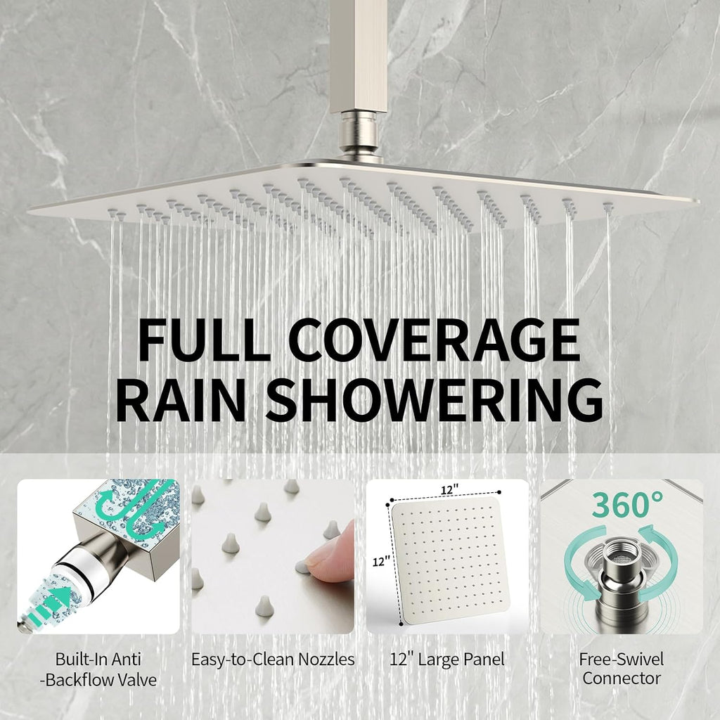 SR SUN RISE 12 Inch Ceiling Mount Brushed Nickel Shower System Bathroom Luxury Rain Mixer Shower Combo Set Ceiling Rainfall Shower Head System Faucet Trim Repair Kits with Rough-in Valve and Trim